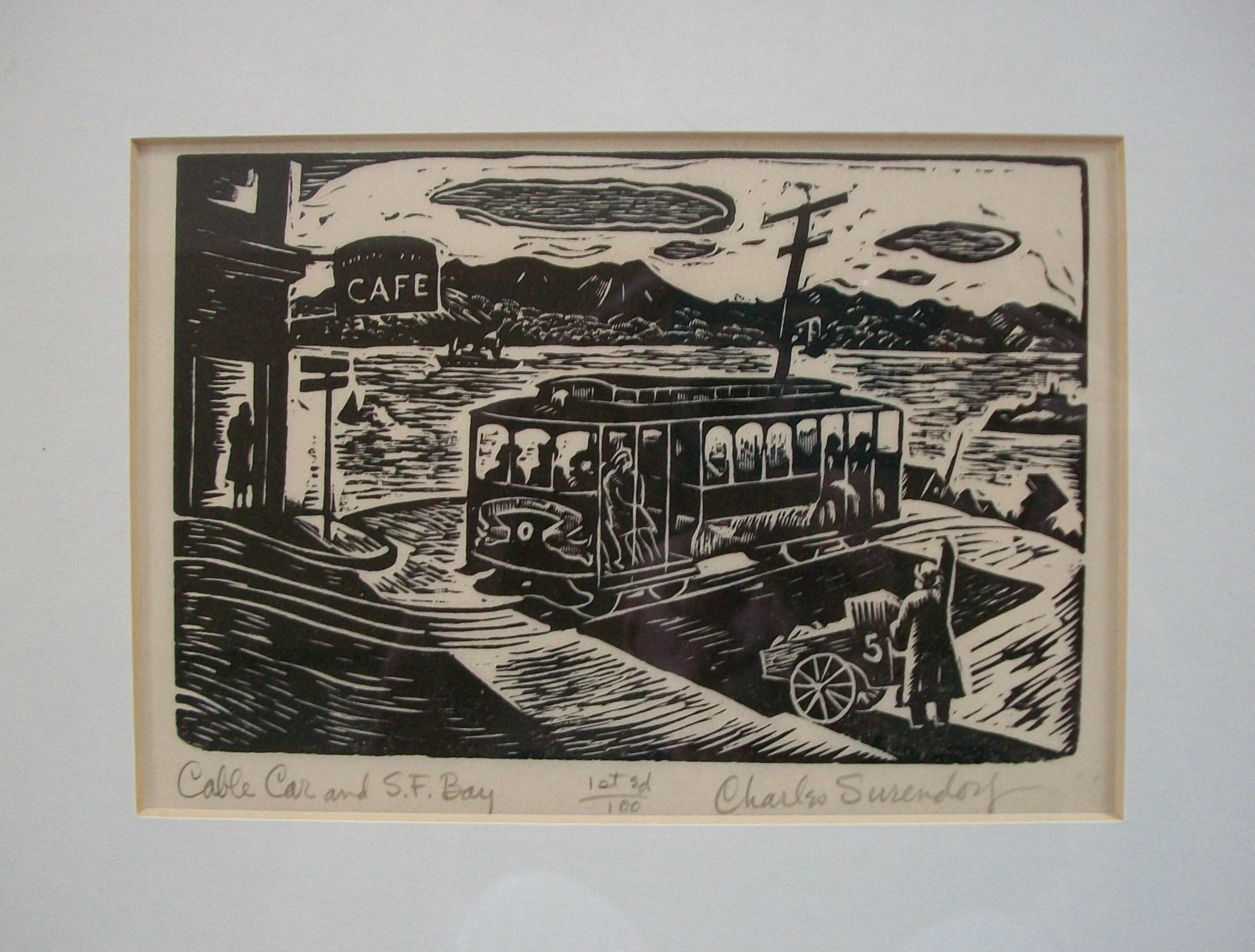 CHARLES SURENDORF – Kabelwagen und S.F.F. „ Bay“ – Holzschnittdruck #1/100 – ca. 1937 (Handgefertigt) im Angebot