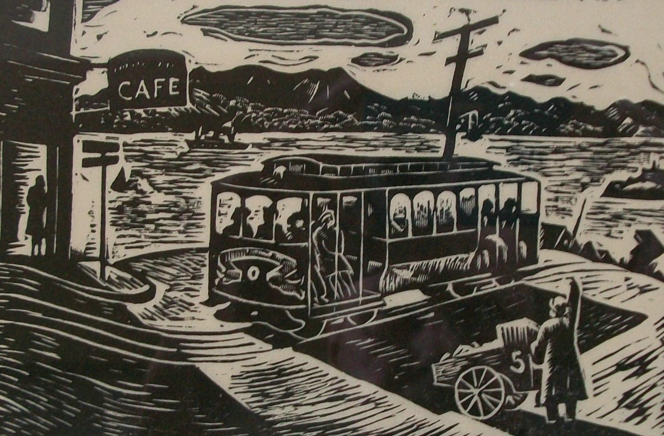 CHARLES SURENDORF – Kabelwagen und S.F.F. „ Bay“ – Holzschnittdruck #1/100 – ca. 1937 im Zustand „Gut“ im Angebot in Chatham, ON