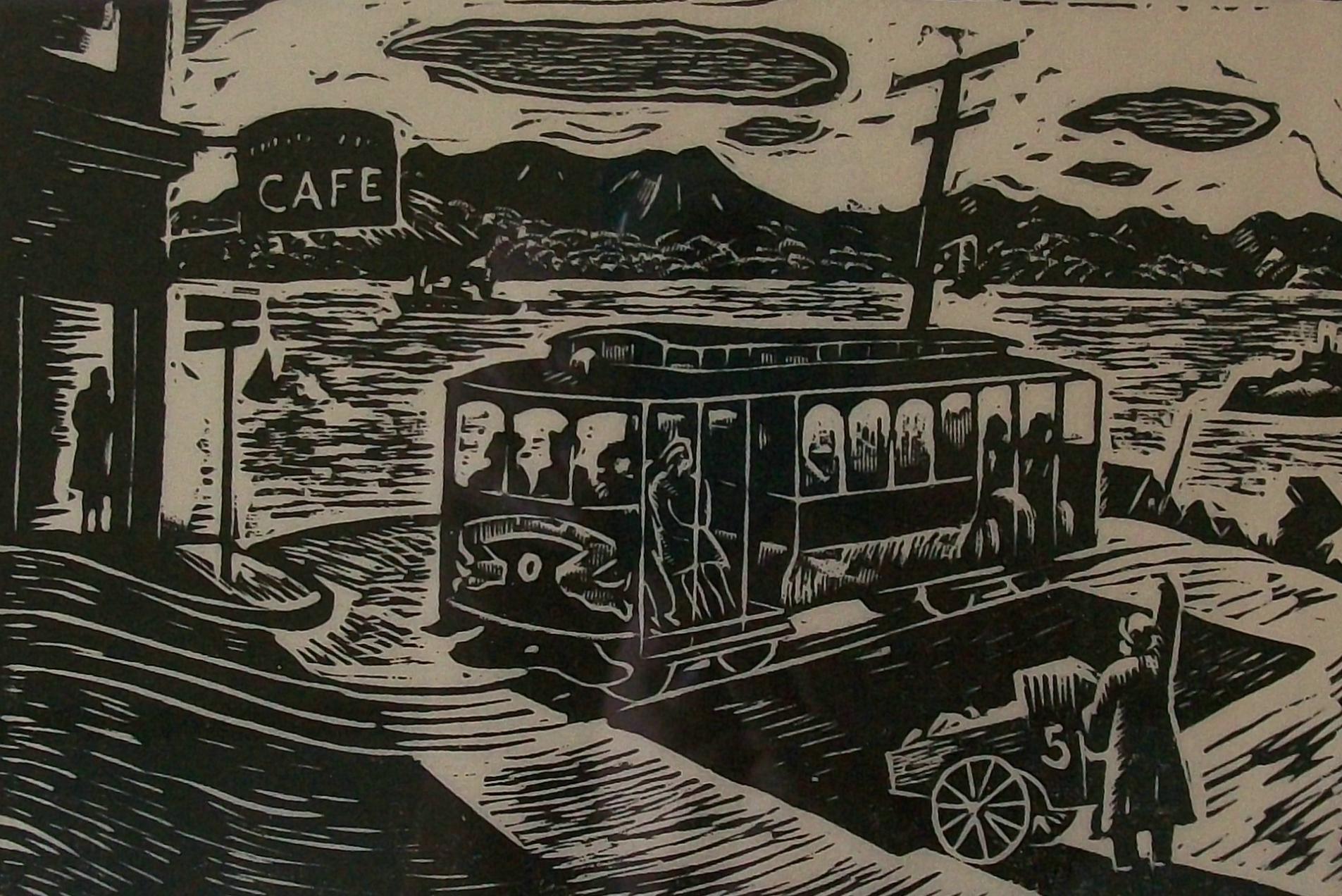 CHARLES SURENDORF – Kabelwagen und S.F.F. „ Bay“ – Holzschnittdruck #1/100 – ca. 1937 (20. Jahrhundert) im Angebot
