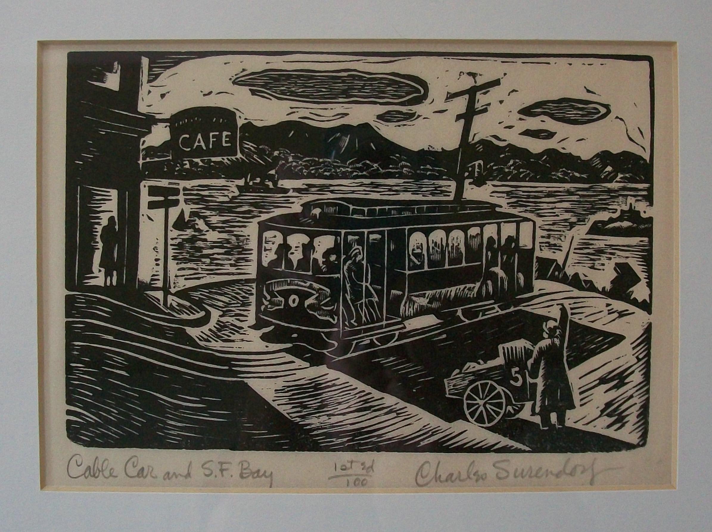 CHARLES SURENDORF – Kabelwagen und S.F.F. „ Bay“ – Holzschnittdruck #1/100 – ca. 1937 (Glas) im Angebot