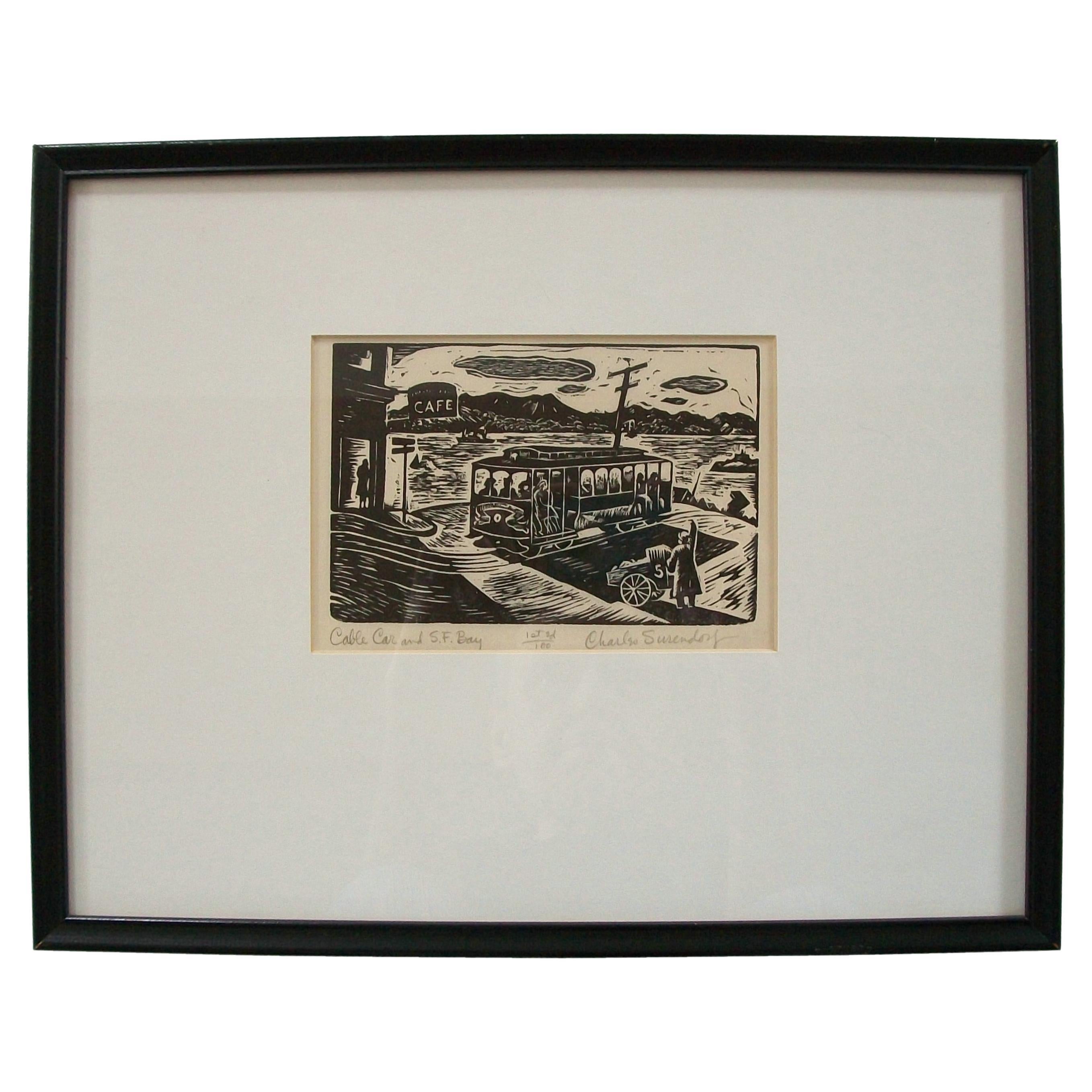 CHARLES SURENDORF - 'Cable Car and S.F. Bay' - Woodblock Print #1/100 - C.1937