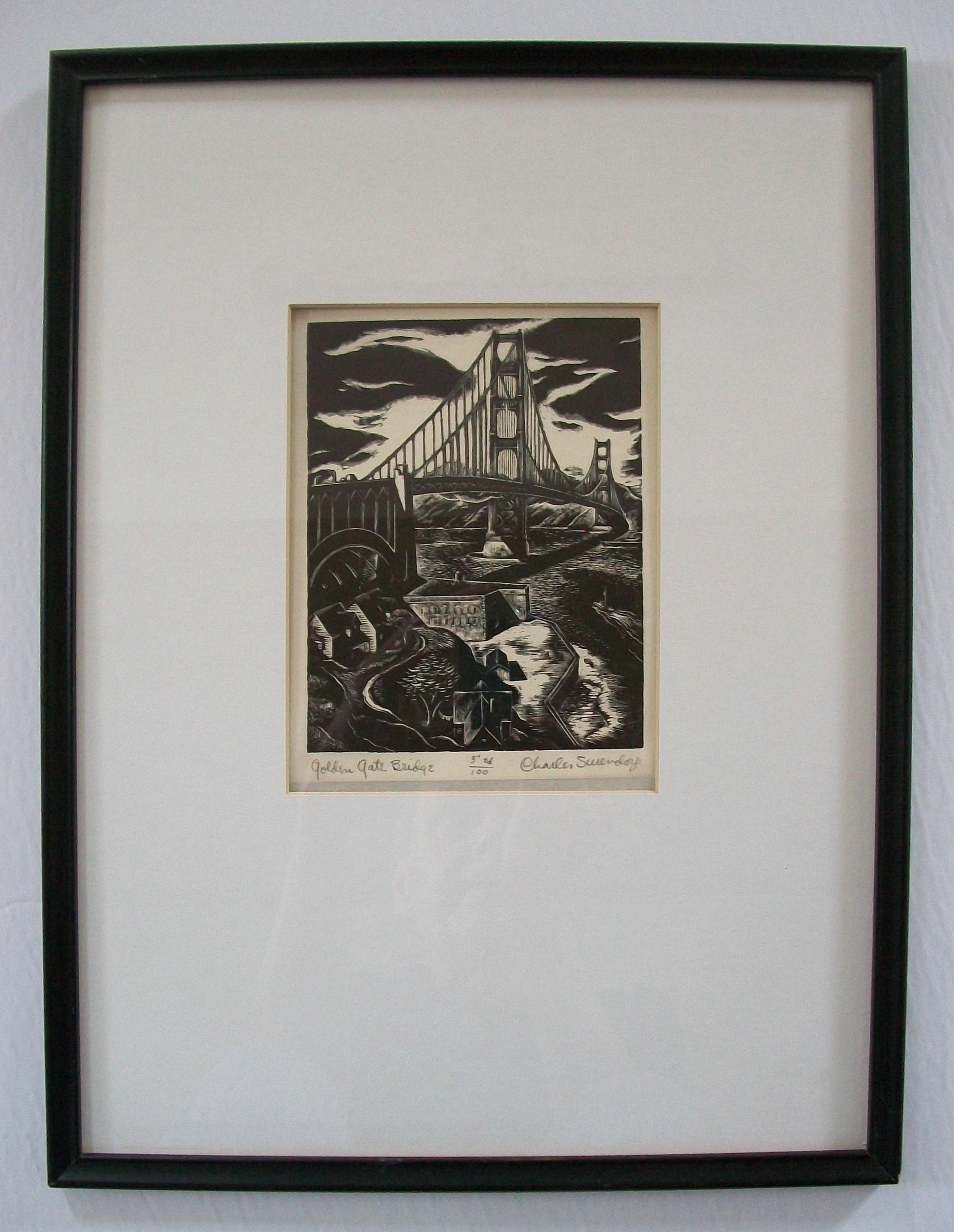 CHARLES FREDERICK SURENDORF (American, 1906-1979) - 'Golden Gate Bridge' - Mid Century woodblock print - finished with a an ebonized softwood frame and white matte board (likely original to the print) - signed lower right - titled lower left -