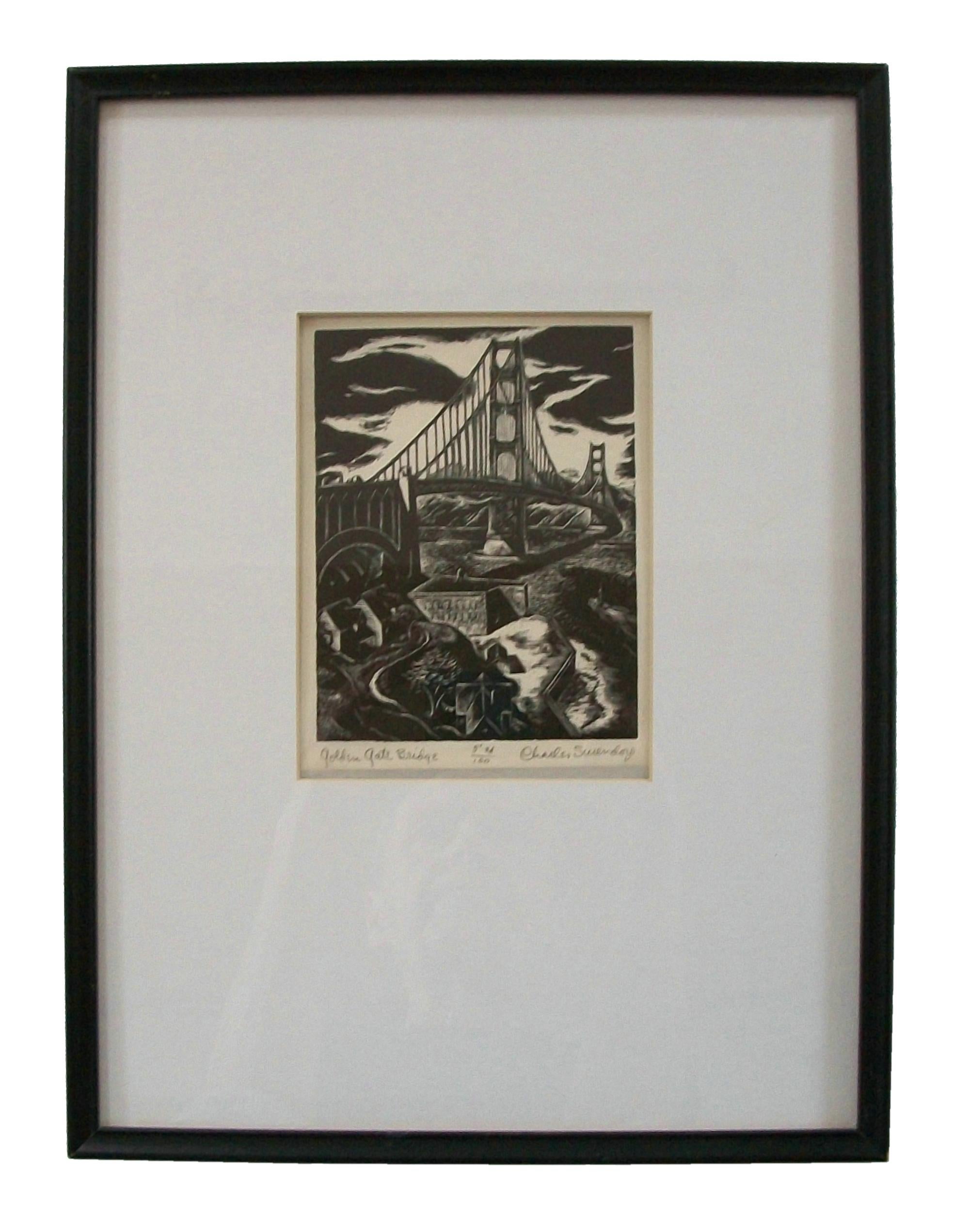 Mid-Century Modern CHARLES SURENDORF - 'Golden Gate Bridge' - Woodblock Print - U.S. - Circa 1930's For Sale