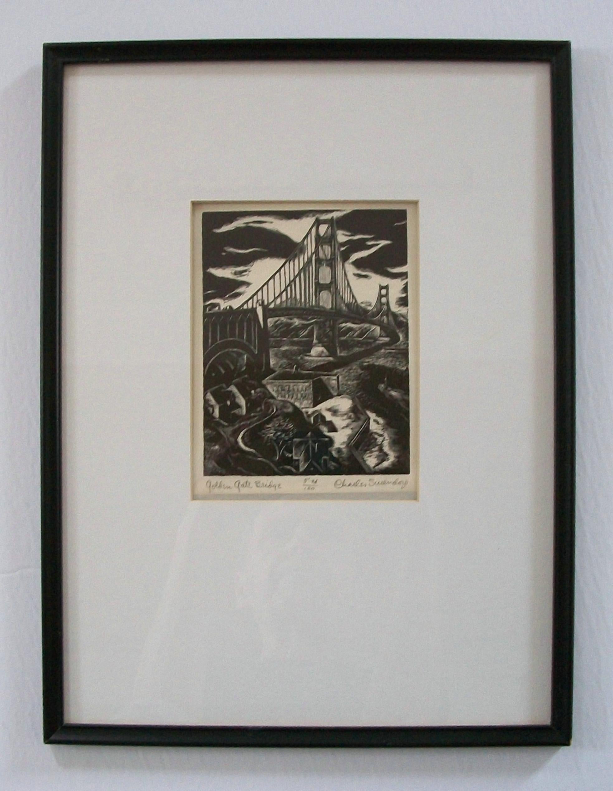 American CHARLES SURENDORF - 'Golden Gate Bridge' - Woodblock Print - U.S. - Circa 1930's For Sale