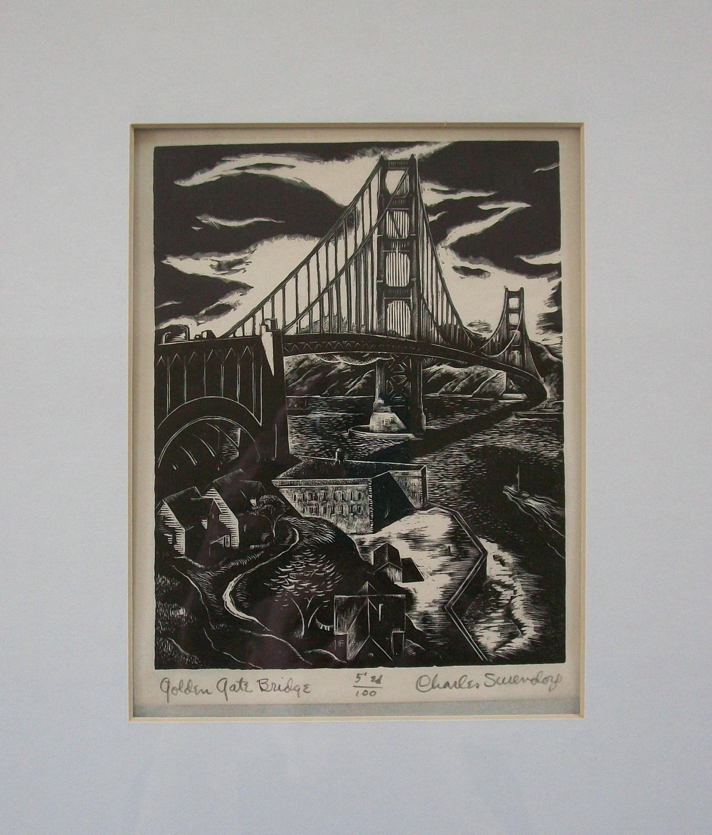 Hand-Crafted CHARLES SURENDORF - 'Golden Gate Bridge' - Woodblock Print - U.S. - Circa 1930's For Sale
