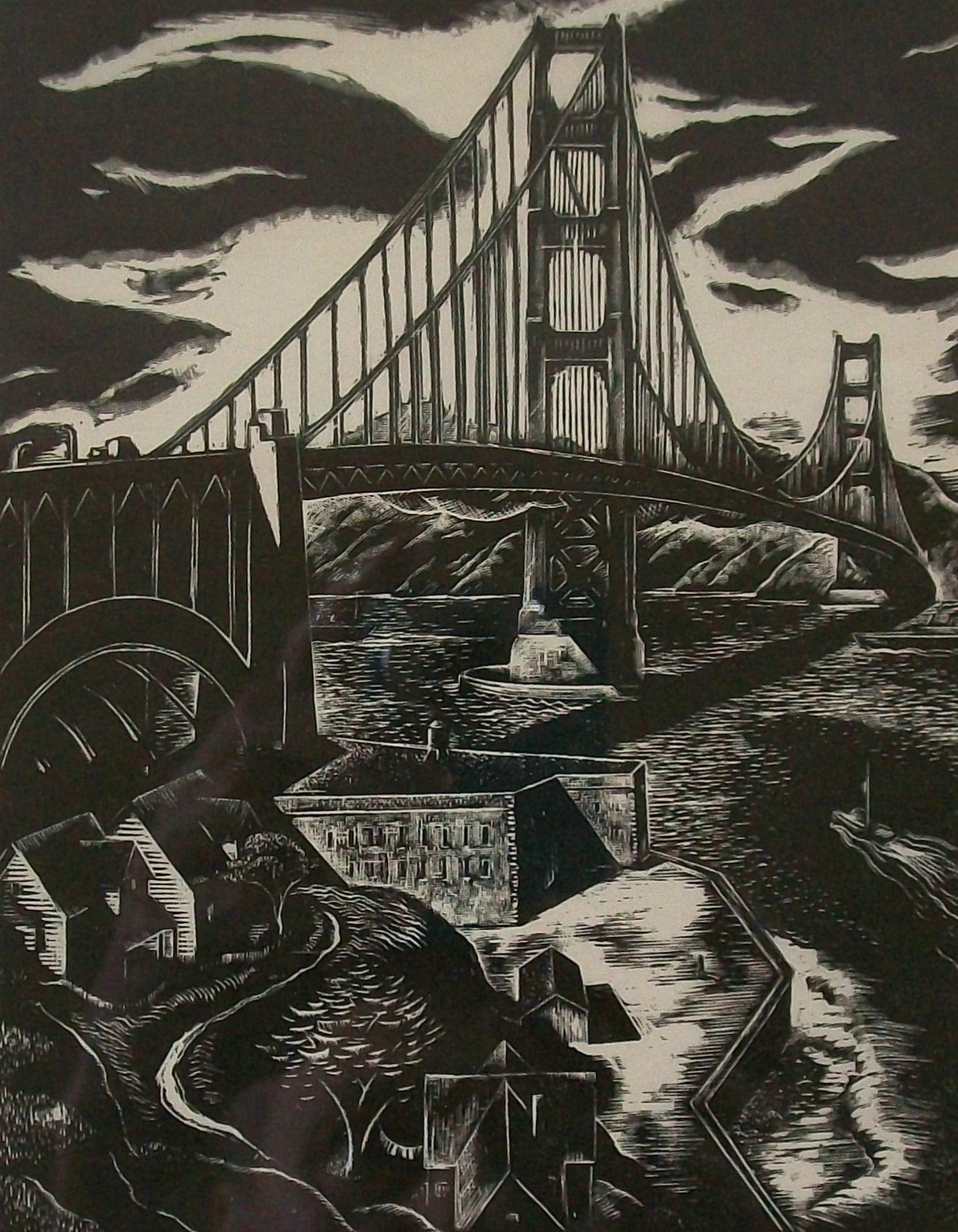 CHARLES SURENDORF - 'Golden Gate Bridge' - Woodblock Print - U.S. - Circa 1930's In Good Condition For Sale In Chatham, ON