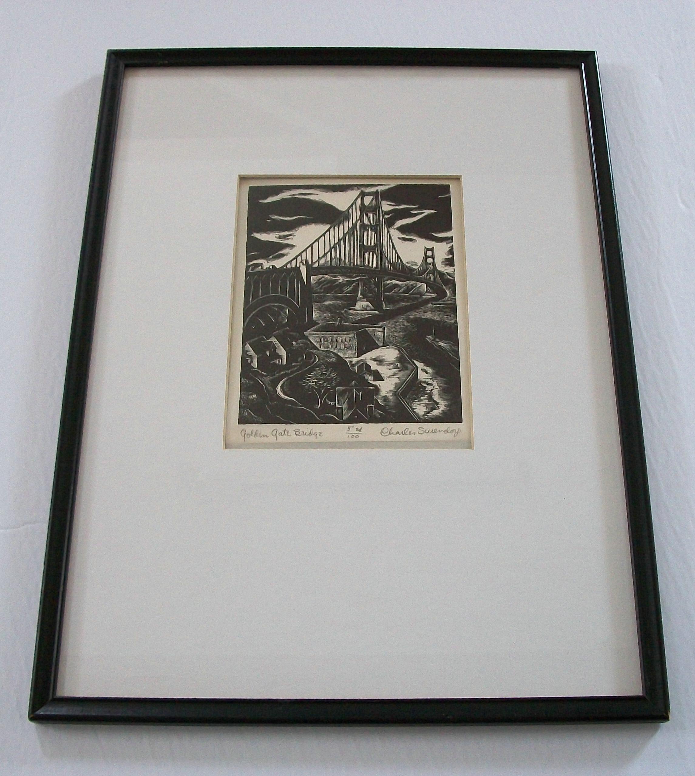 20th Century CHARLES SURENDORF - 'Golden Gate Bridge' - Woodblock Print - U.S. - Circa 1930's For Sale