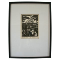 CHARLES SURENDORF - 'Golden Gate Bridge' - Woodblock Print - U.S. - Circa 1930's