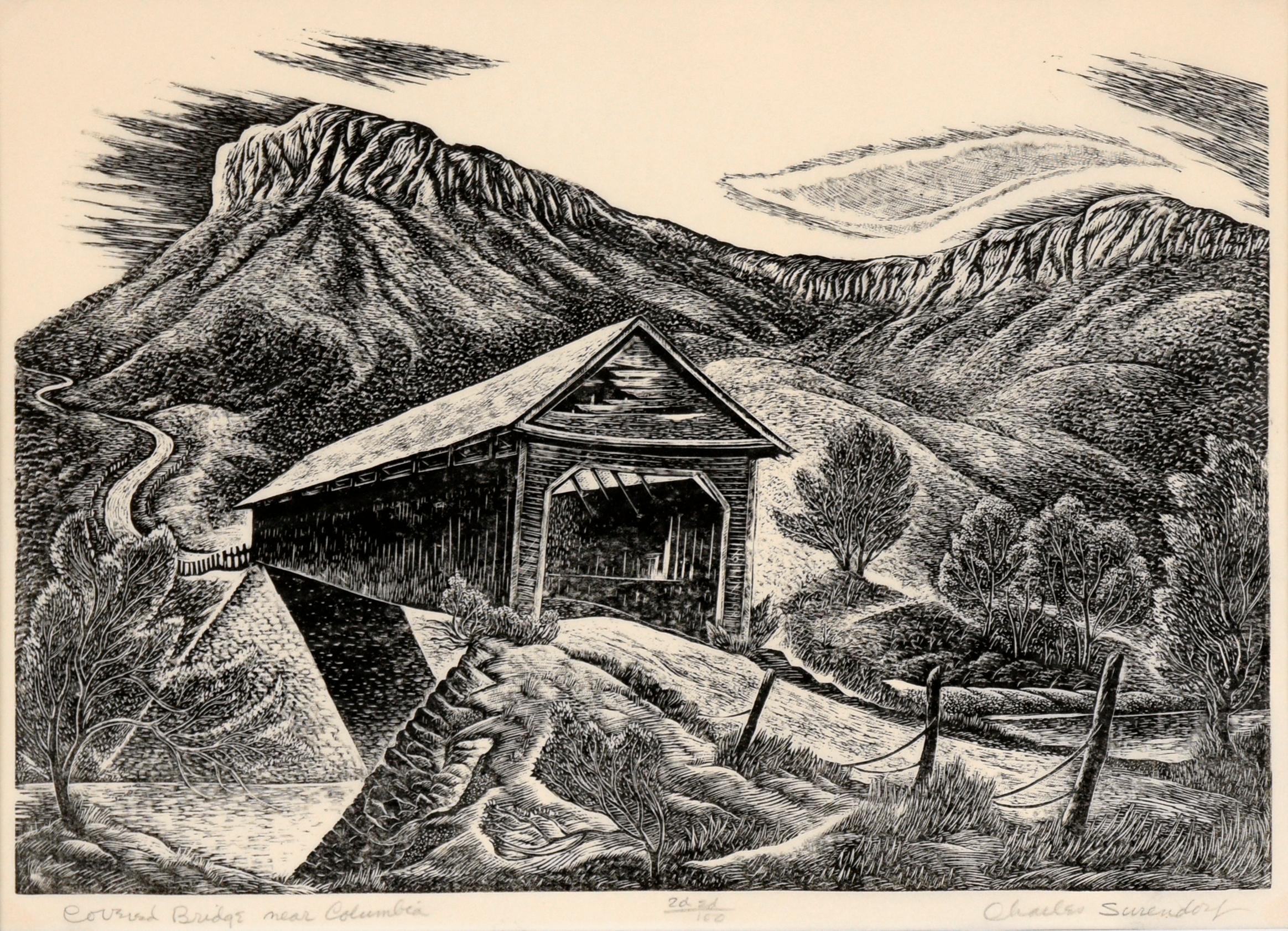 „Covered Bridge Near Columbia“ Kalifornien – Holzschnitt-Landschaft auf Seidenpapier – Print von Charles Surendorf