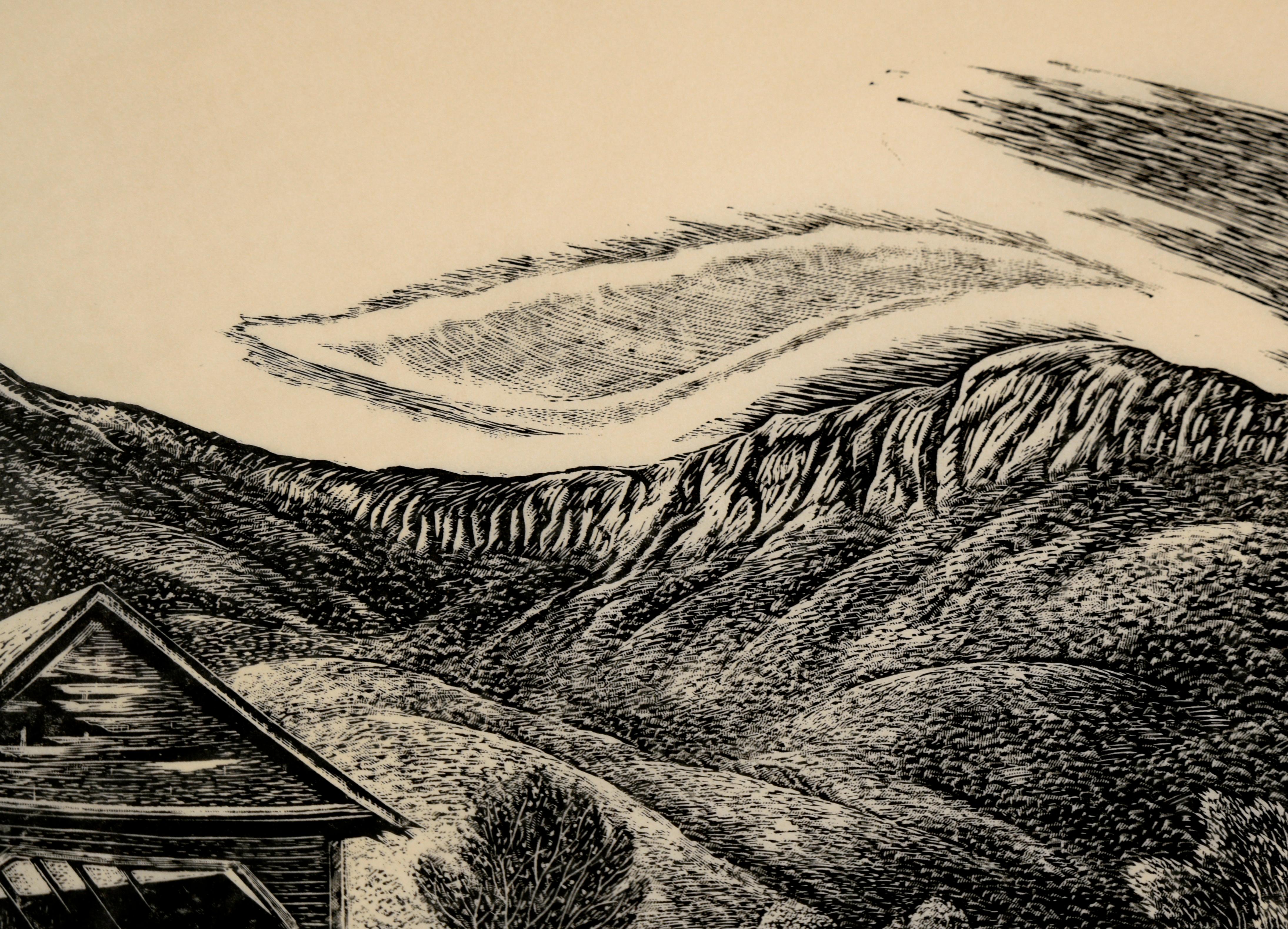 « Covered Bridge Near Columbia » (le pont de la Colombie-Britannique) - Paysage en bois sur papier imprimé - Noir Landscape Print par Charles Surendorf