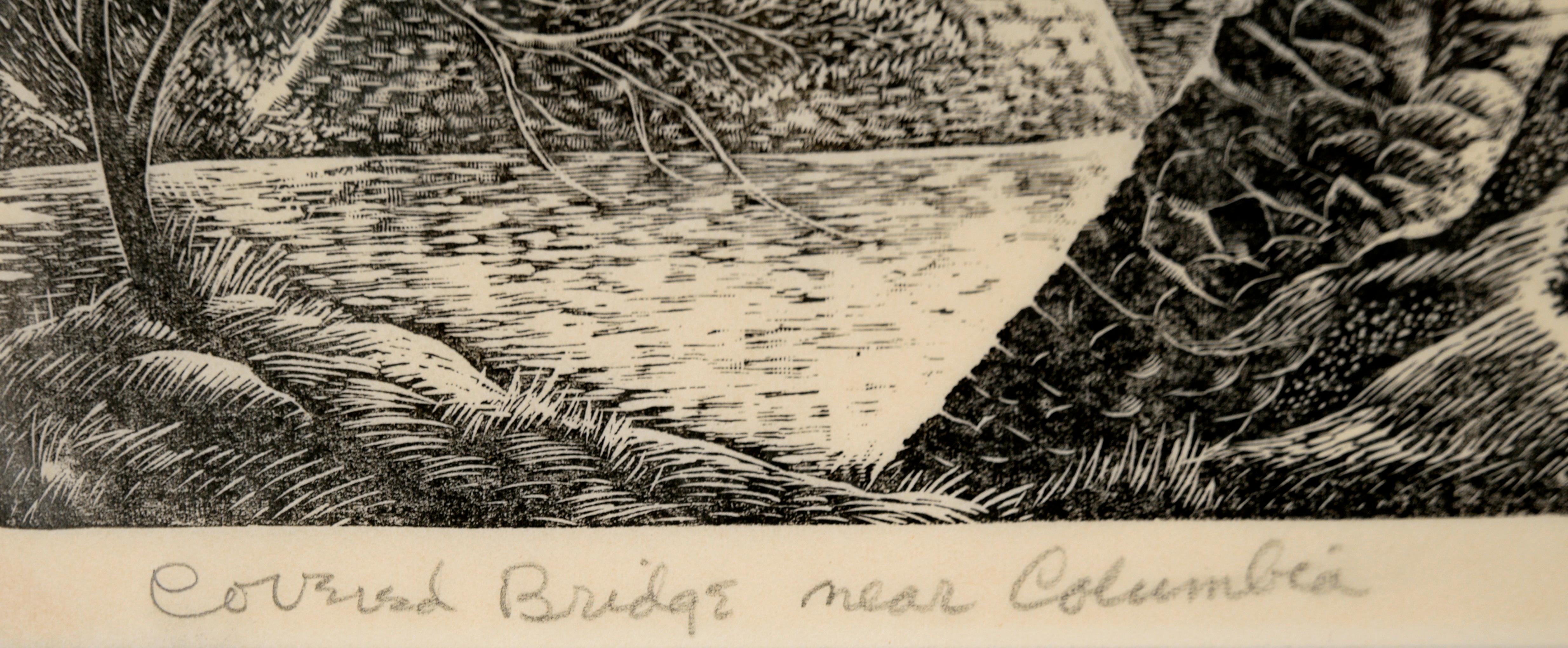 « Covered Bridge Near Columbia » (le pont de la Colombie-Britannique) - Paysage en bois sur papier imprimé en vente 3