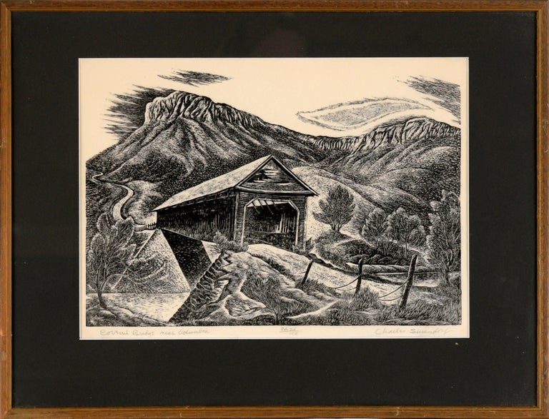 Charles Surendorf Landscape Print - "Covered Bridge Near Columbia" California - Woodblock Landscape on Tissue Paper