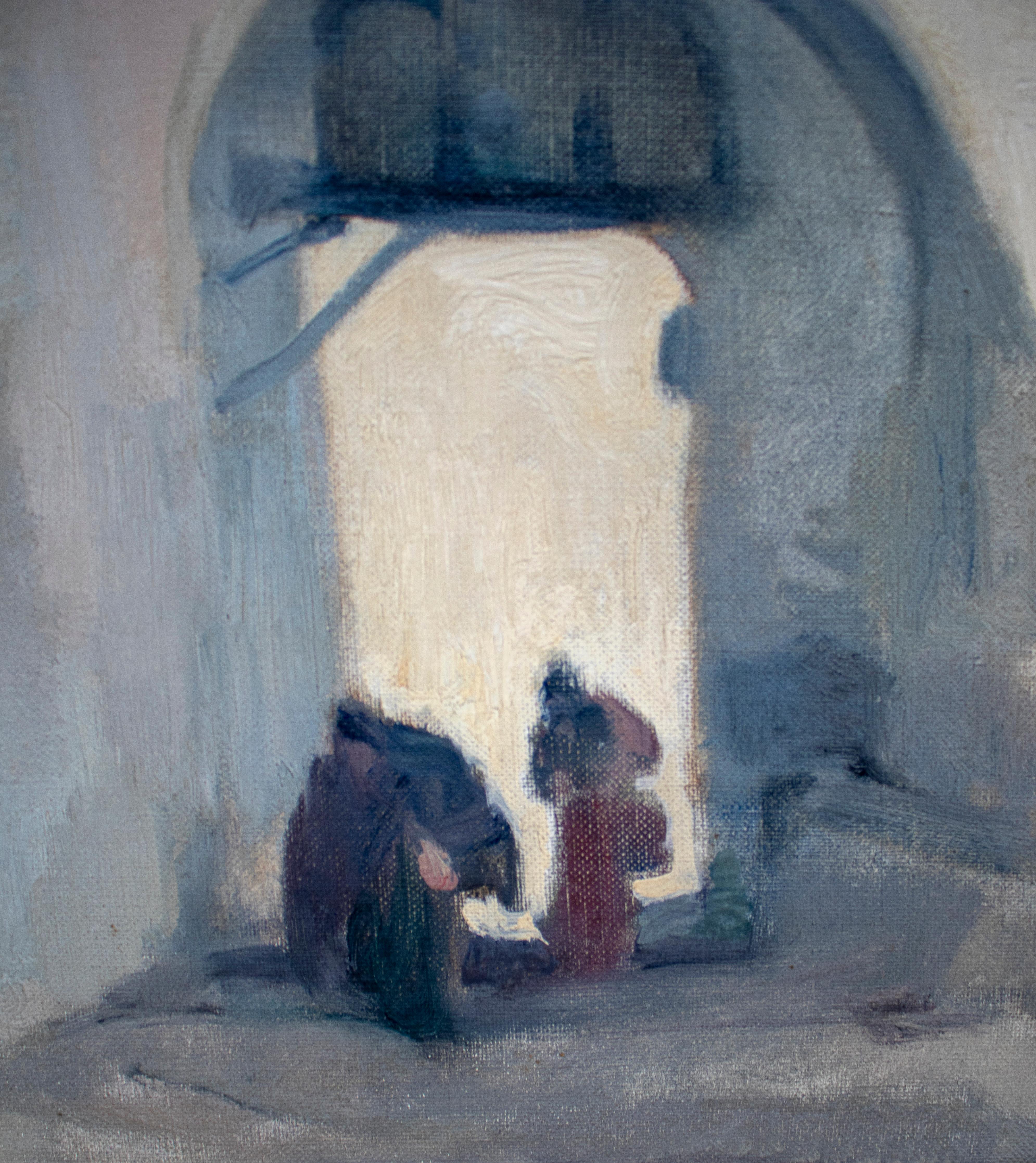 Charles Swyncop Óleo sobre lienzo Pintura de un pueblo andaluz siglo XX en venta