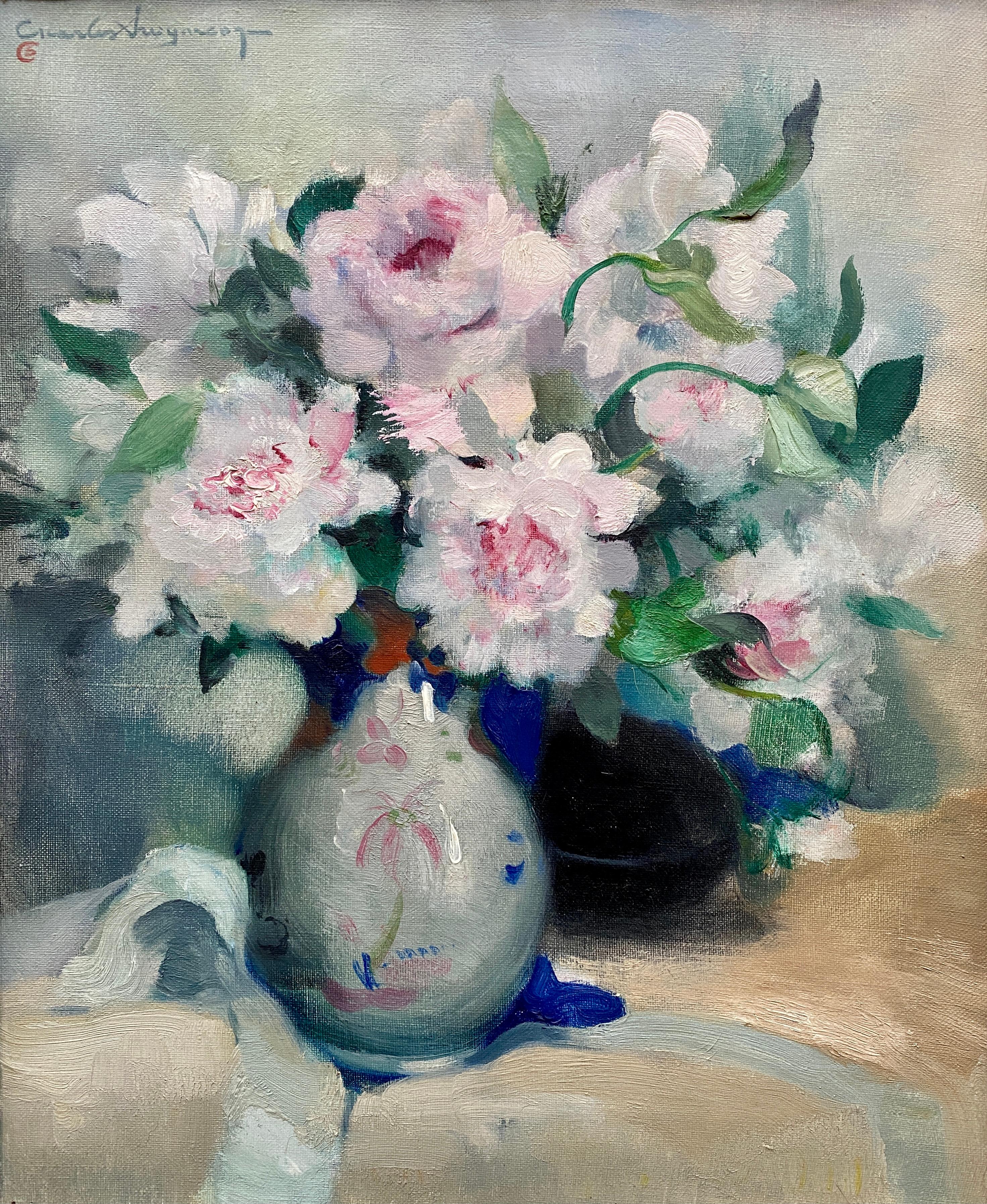 Pivoines blanches et roses dans un vase, Charles Swyncop, Bruxelles 1895 - 1970, Signé en vente 1