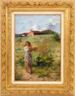 Antique American Impressionist painting of a hay harvest, ca. 1920s