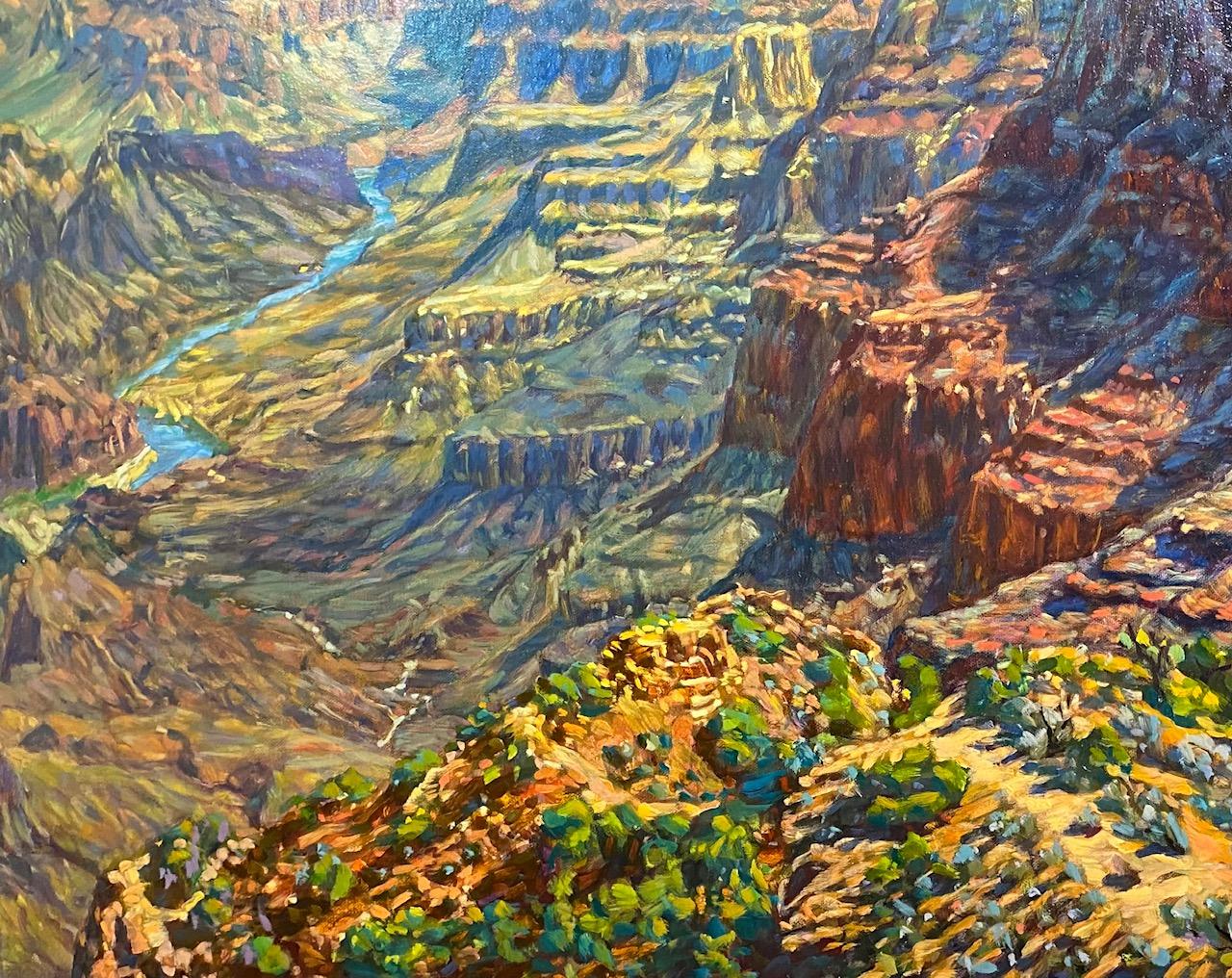 Formación milagrosa sobre formación milagrosa, aparentemente al este del Jardín del Edén bíblico,  el Gran Cañón resplandece con capas y capas de roca y tallas glaciares captadas brillantemente por el artista Charles Tersolo con su característico