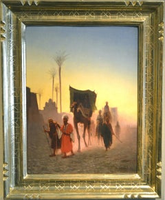 Caravan at Dusk, huile orientaliste de l'école française du milieu du 19e siècle