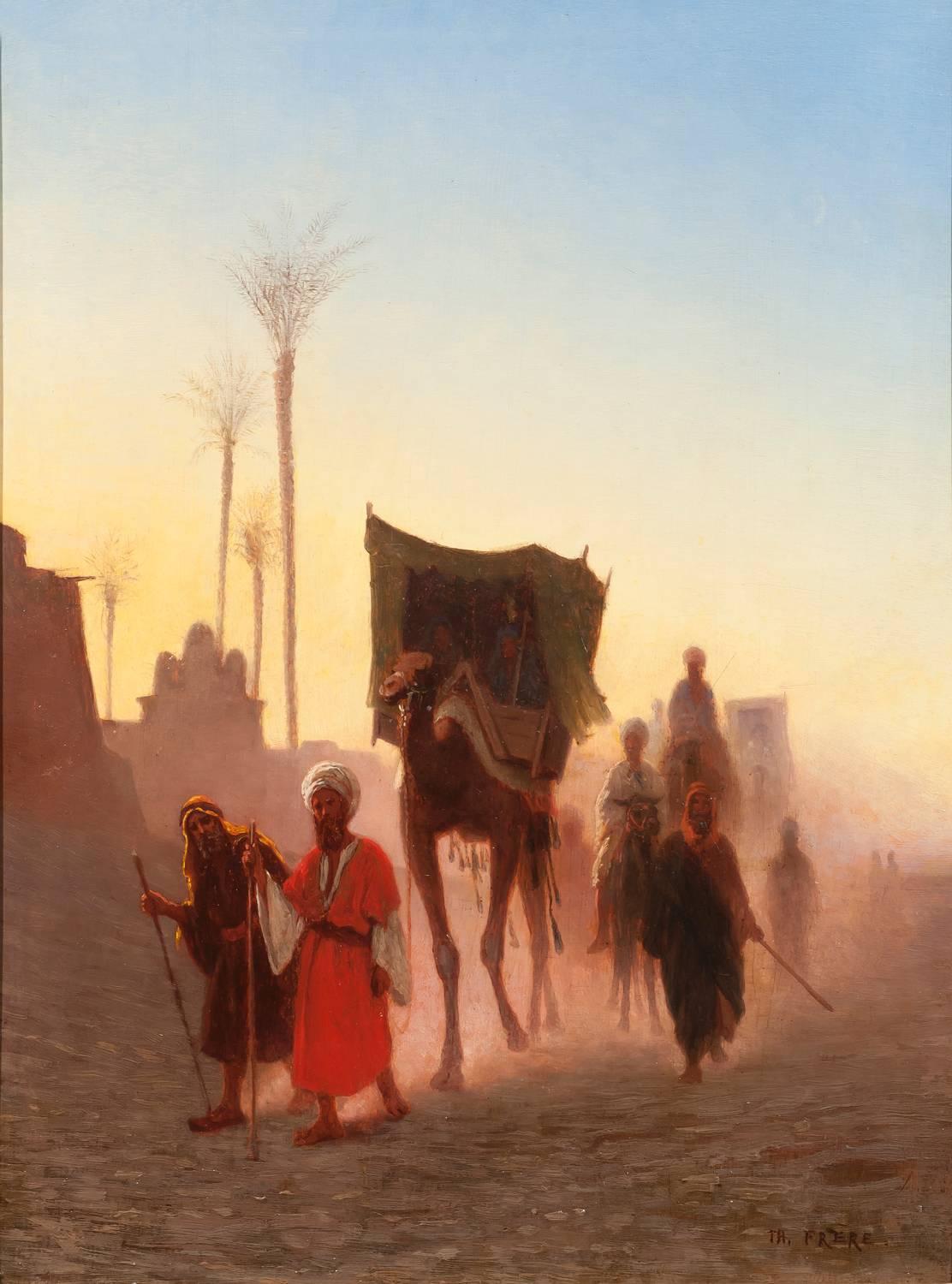 Caravan at Dusk, Mid 19th Century French School Orientalist Oil - Painting by Charles Theodore Frere