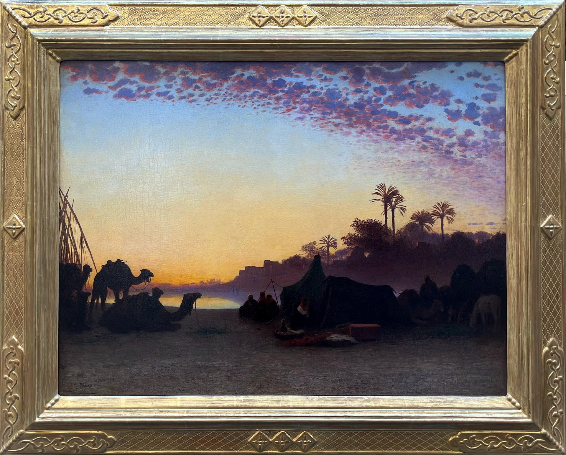 Charles Theodore Frere
Encampment along the Nile
1814-1888
Oil on canvas, signed lower left
Image size: 18 x 24 (46 x 61 cm)
Gilt orientalist frame

This brilliant painting depicts a highly stylised, Oriental version of an Algerian encampment on the