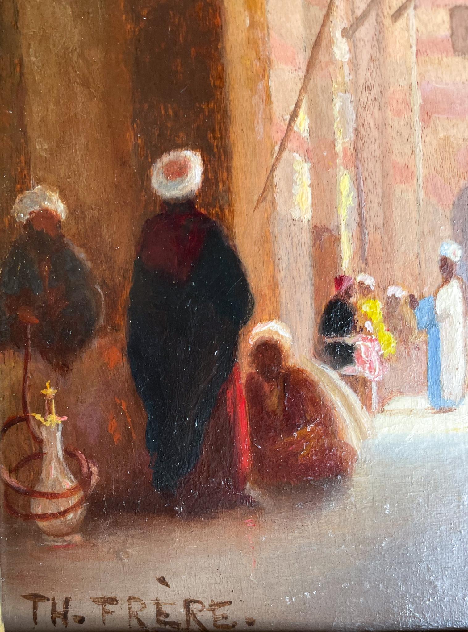 En el Bazar I, 1834-1855, por Theodore Frere (1814-1888)
Óleo sobre madera
17,78 x 12,7 cm sin enmarcar
10 ⅝ x 9 pulgadas enmarcado (26,9875 x 22,86 cm)
Firmado en la parte inferior derecha

Descripción:
Theodore Frere fue un pintor orientalista