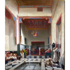 Il bagno  Antico dipinto orientalista a olio su tela, firmato, 19° secolo