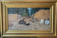 Large Middle Eastern Figurative Oil Painting Resting Along Algerian Water Canal