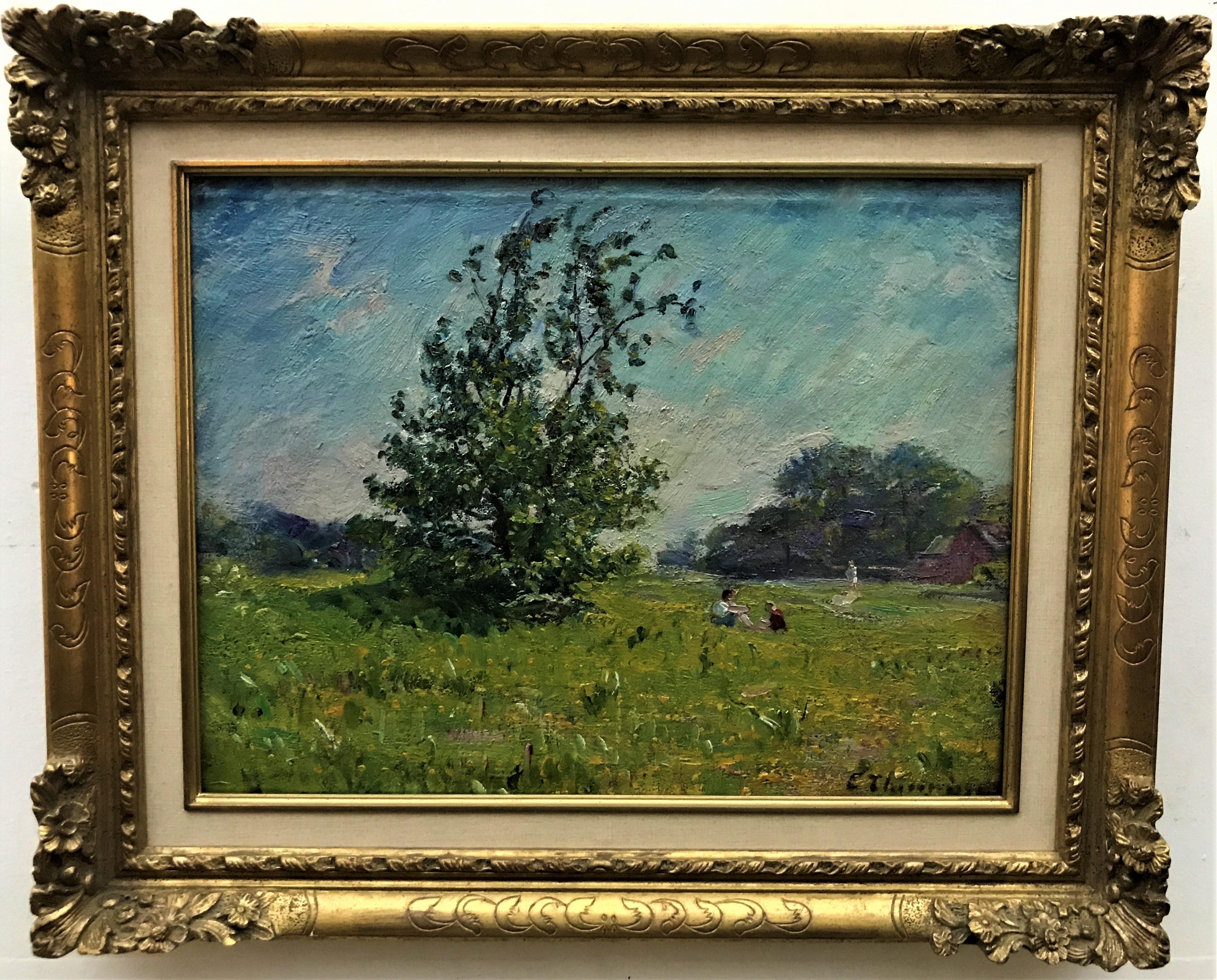Bambini che conversano nel prato, olio originale su tela, inizio XX secolo - Painting di Charles Theunissen