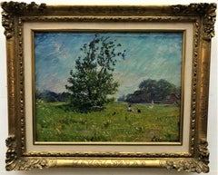Children Conversing in the Meadow, Original Ölgemälde auf Leinwand, frühes 20. Jahrhundert