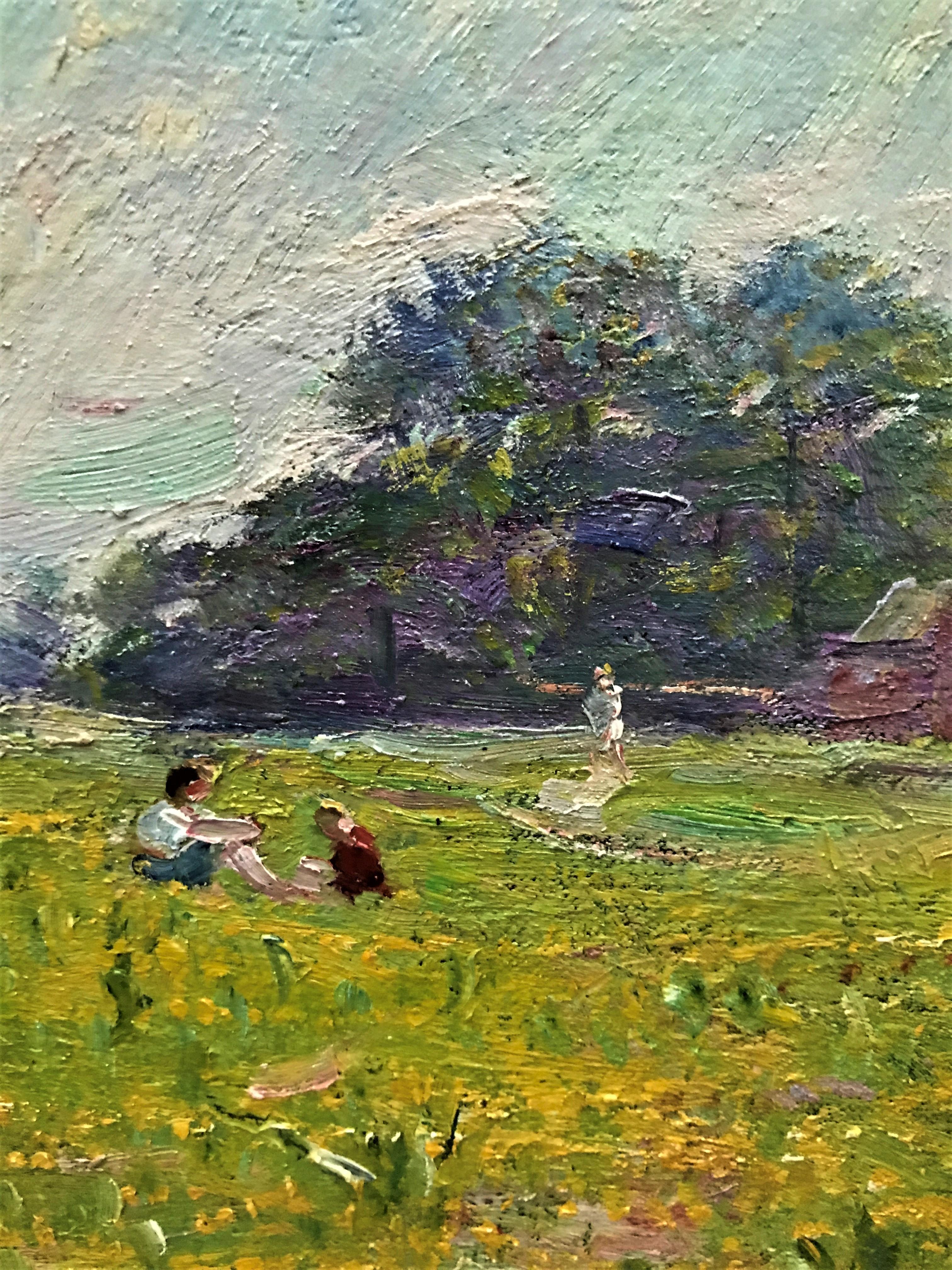 Bambini che conversano nel prato, olio originale su tela, inizio XX secolo - Painting Postimpressionismo di Charles Theunissen