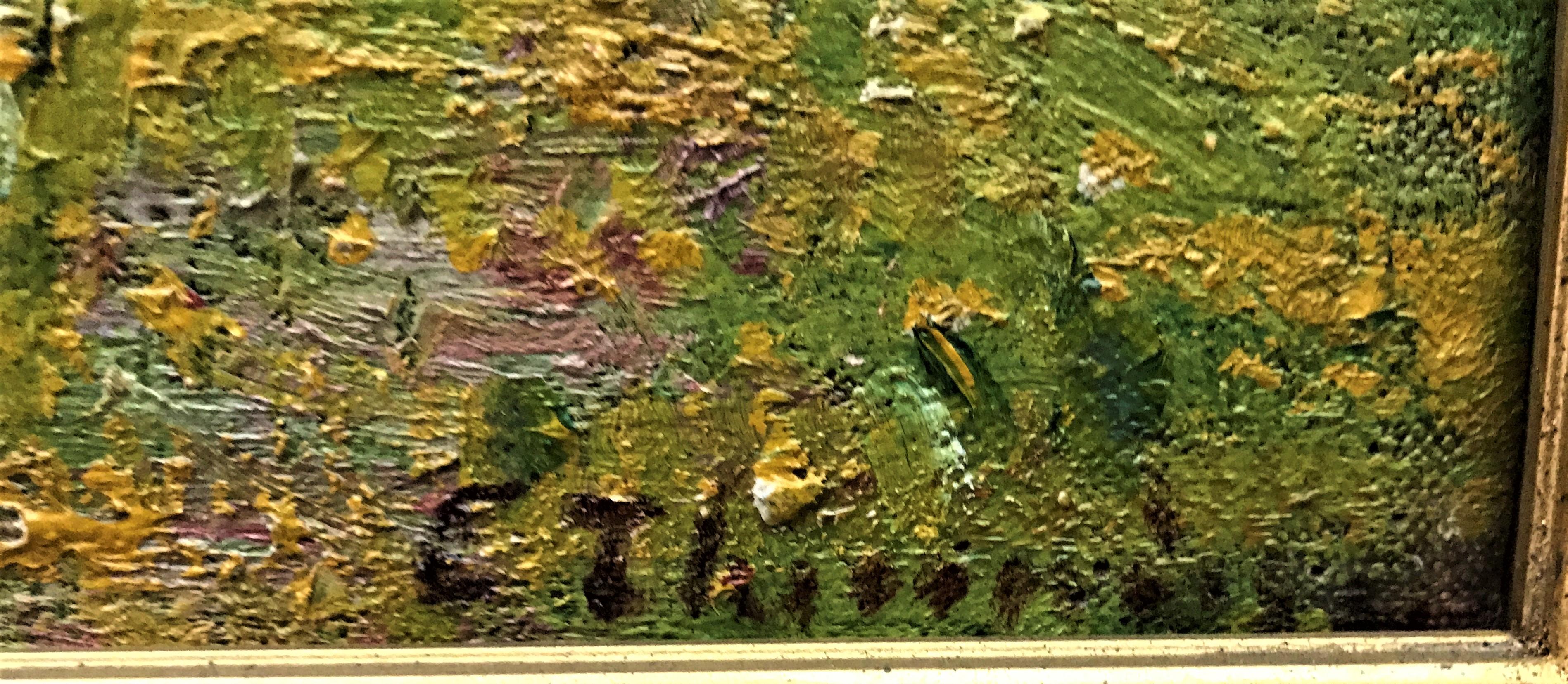 Bambini che conversano nel prato, olio originale su tela, inizio XX secolo - Landscape Painting Marrone di Charles Theunissen