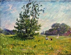 Bambini che conversano nel prato, olio originale su tela, inizio XX secolo