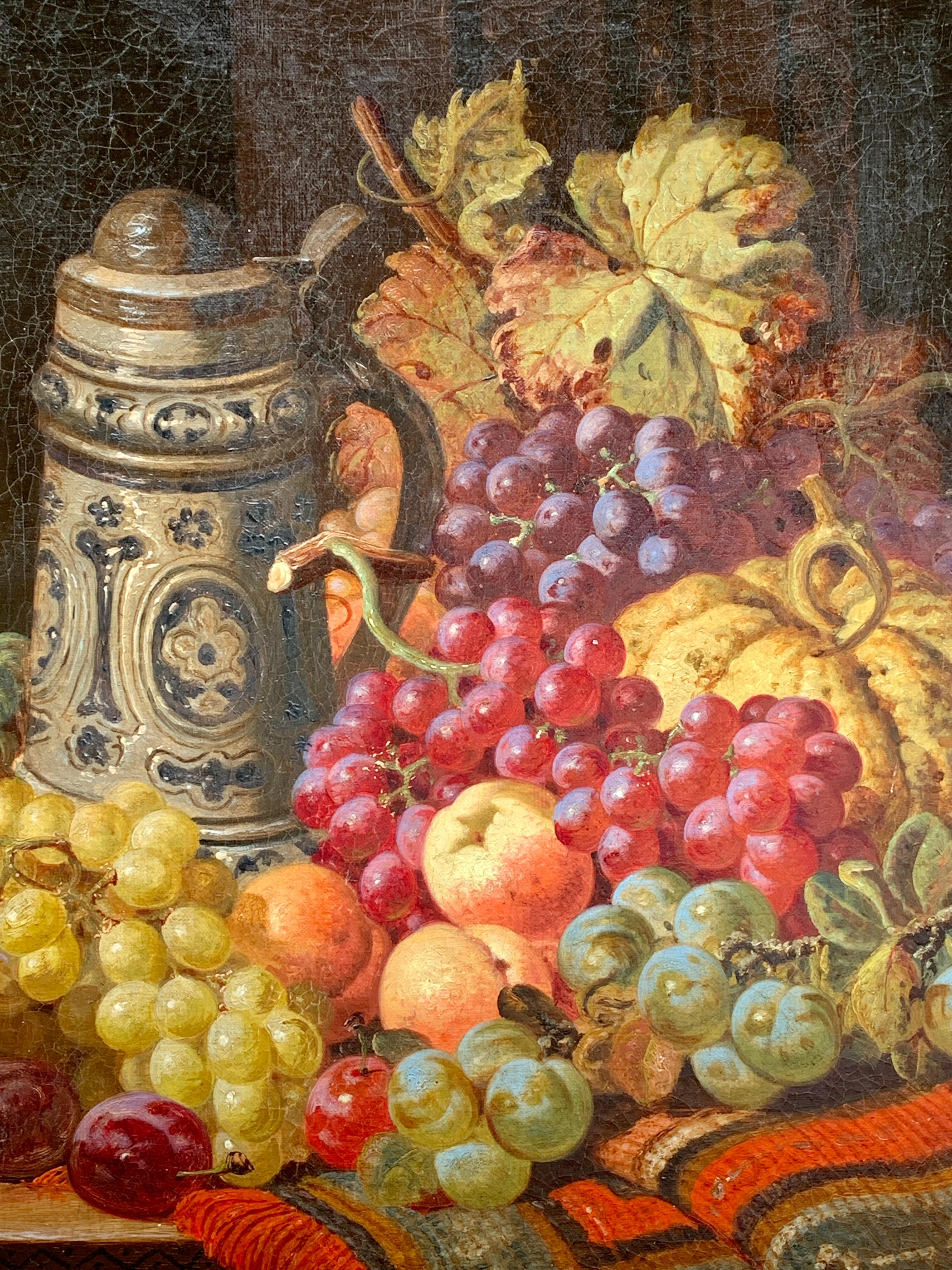 19th century English oil of still life of fruit, German Stein with silver lid - Painting by CHARLES THOMAS BALE