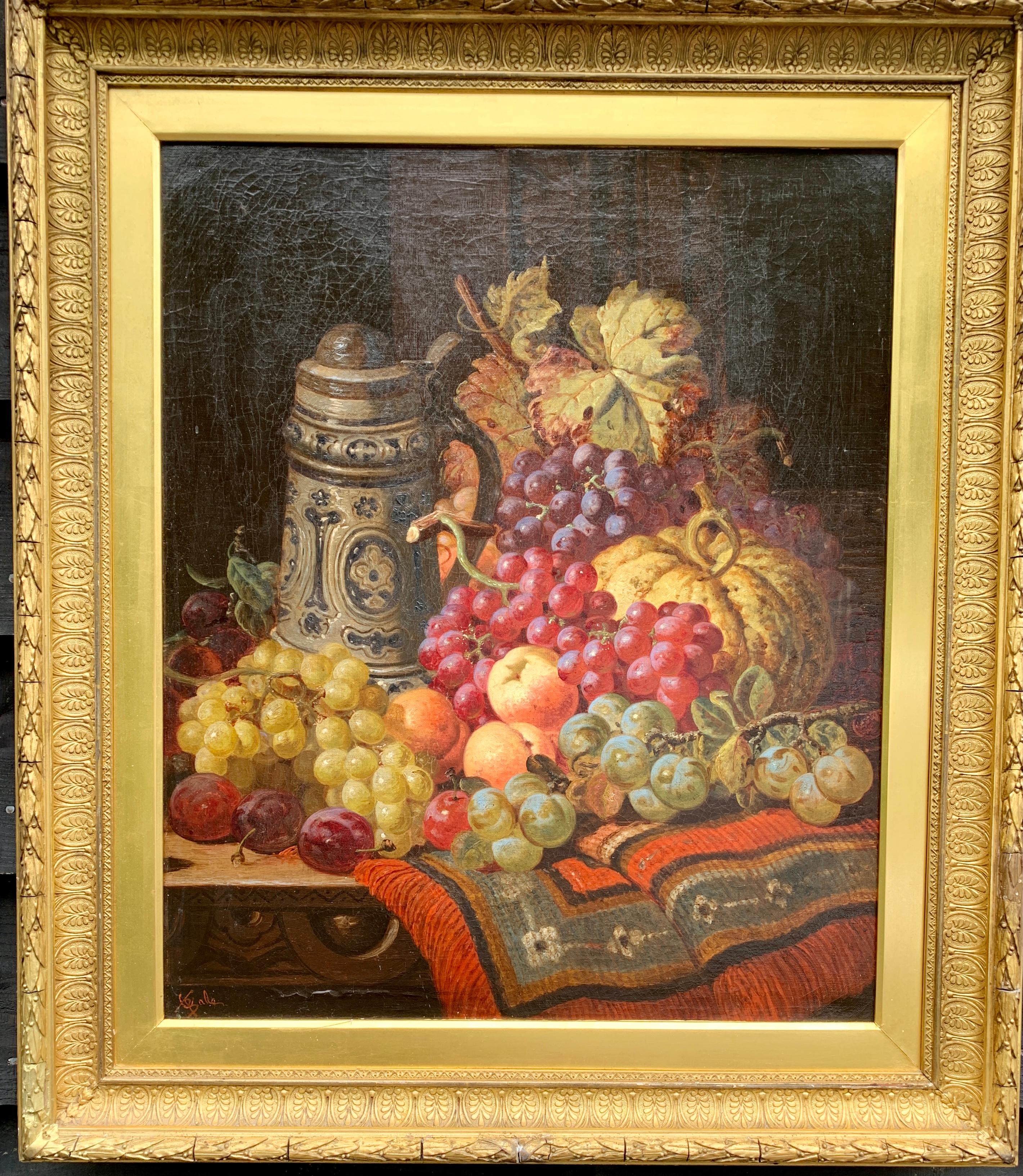 19th century English oil of still life of fruit, German Stein with silver lid