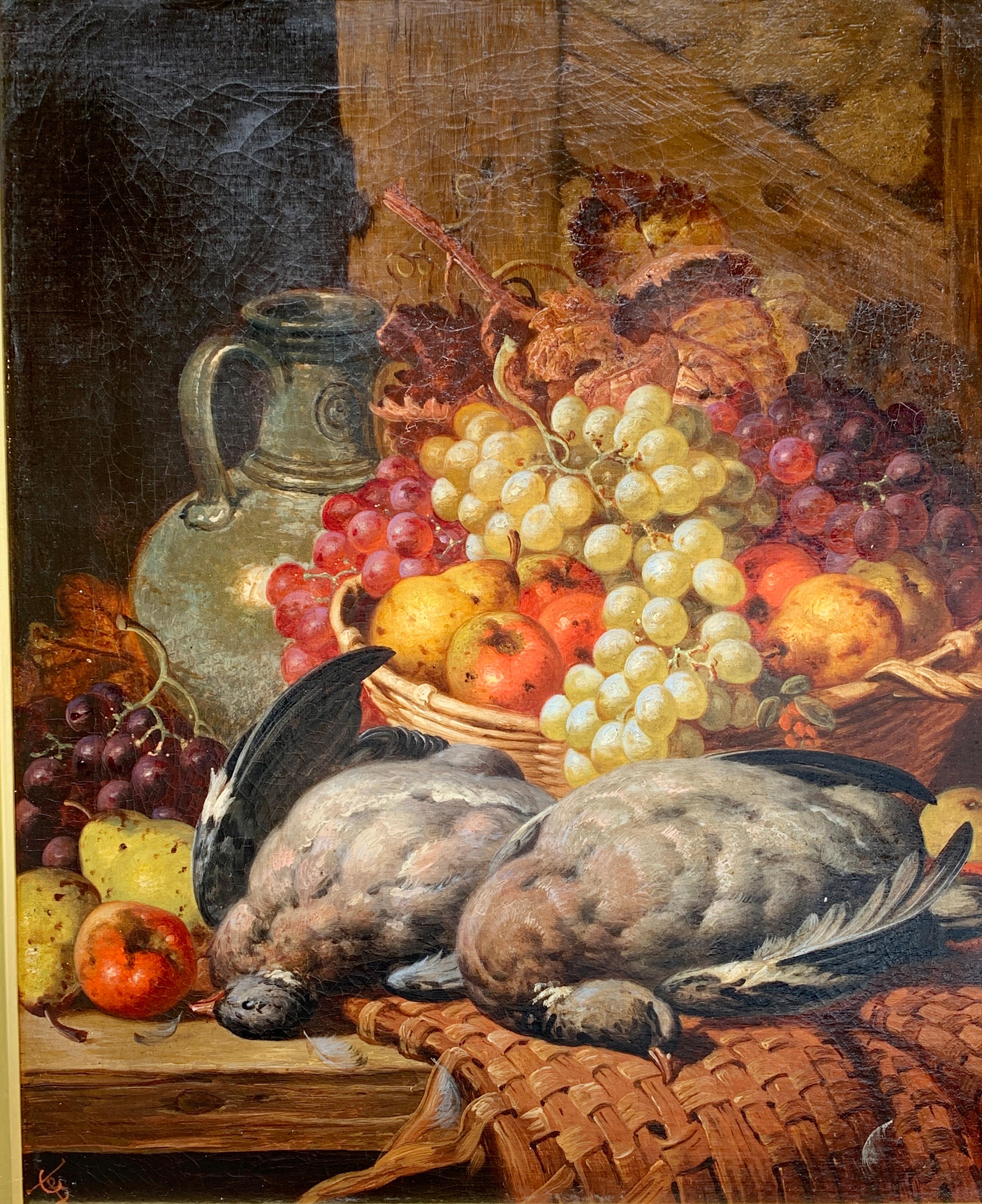 19th century English oil of still life of fruit, pigeons, apples, pears grapes - Painting by CHARLES THOMAS BALE