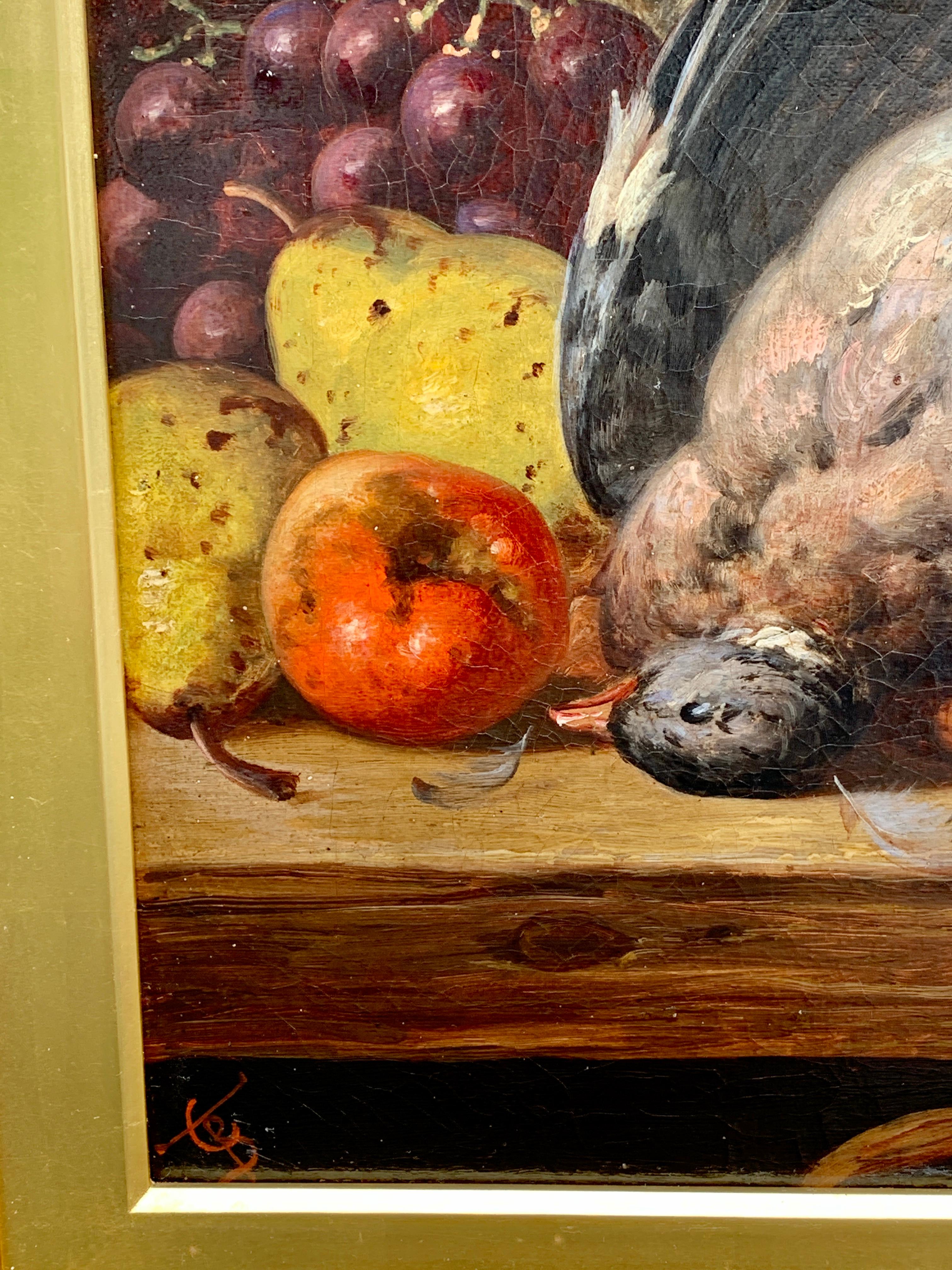 Huile anglaise du 19e siècle représentant des natures mortes de fruits, pigeons, poires, raisins et poires - Victorien Painting par CHARLES THOMAS BALE