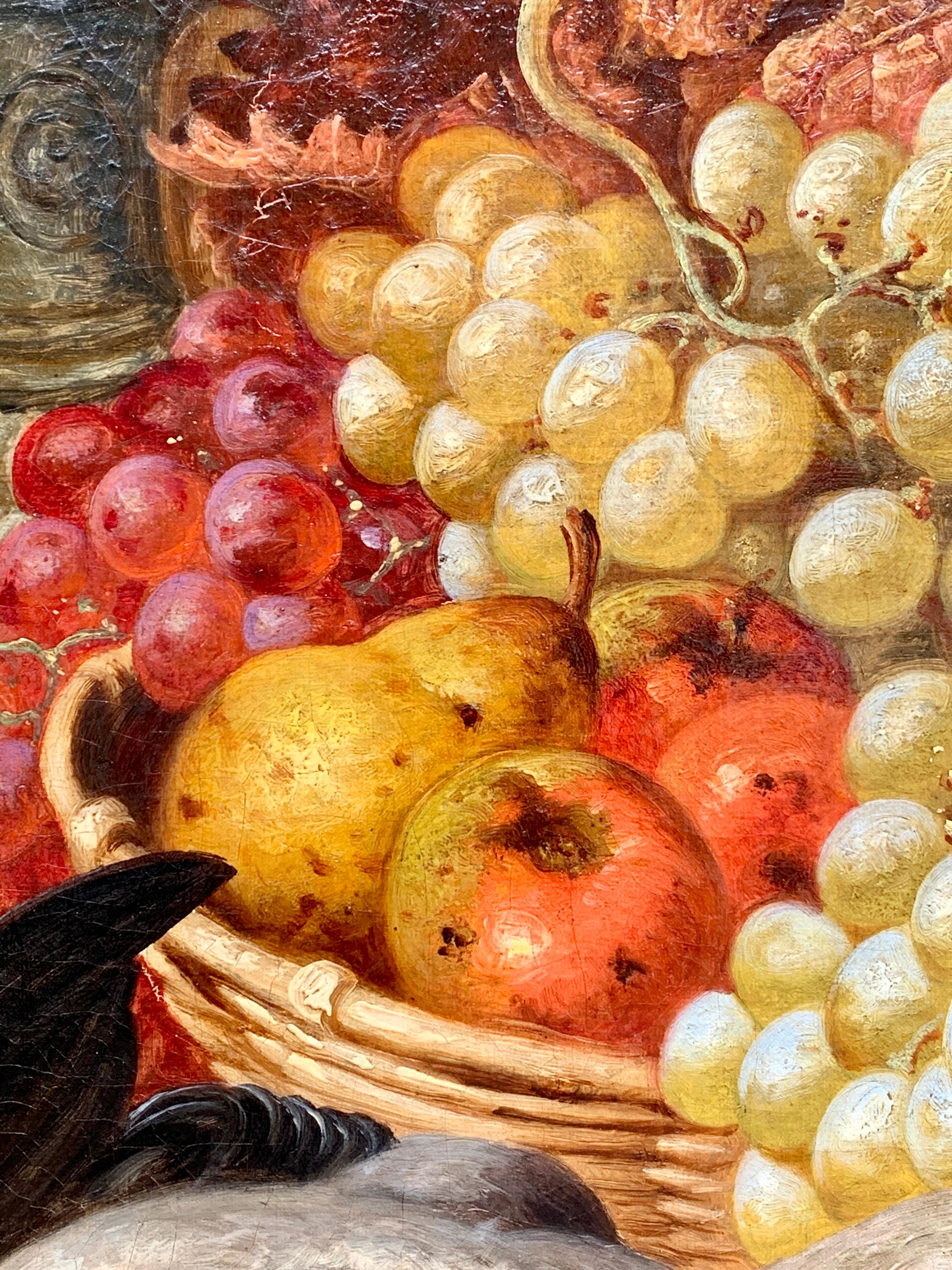 Huile anglaise du 19e siècle représentant des natures mortes de fruits, pigeons, poires, raisins et poires - Marron Figurative Painting par CHARLES THOMAS BALE