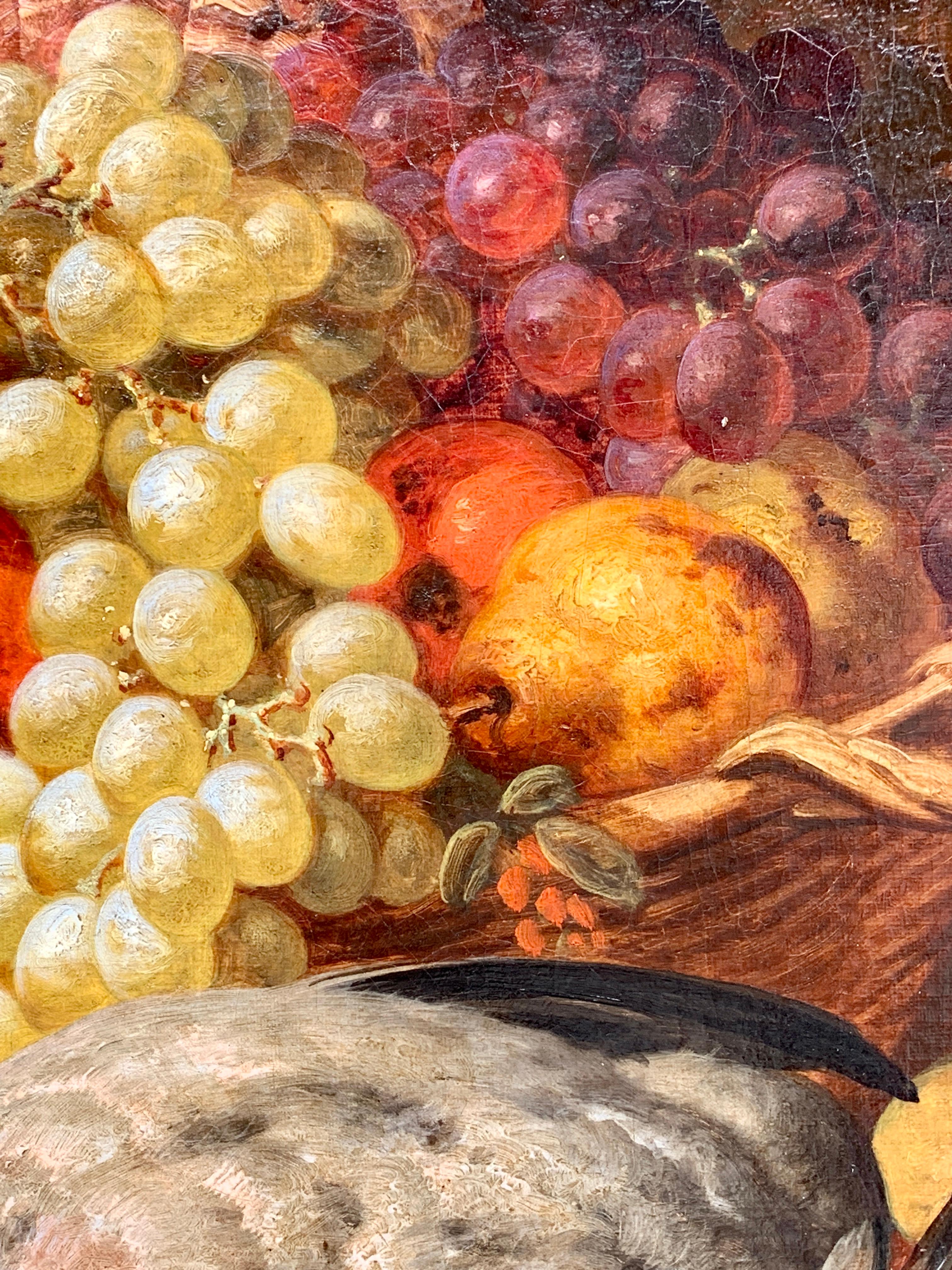 Huile anglaise du 19e siècle représentant une nature morte de fruits, pigeons, pommes, poires, raisins.

Charles Thomas Bale est né à SOHO, Londres, en 1849. Il est le fils de Thomas Bale, un vannier. Son frère aîné, Thomas Charles Bale (1831-1899),