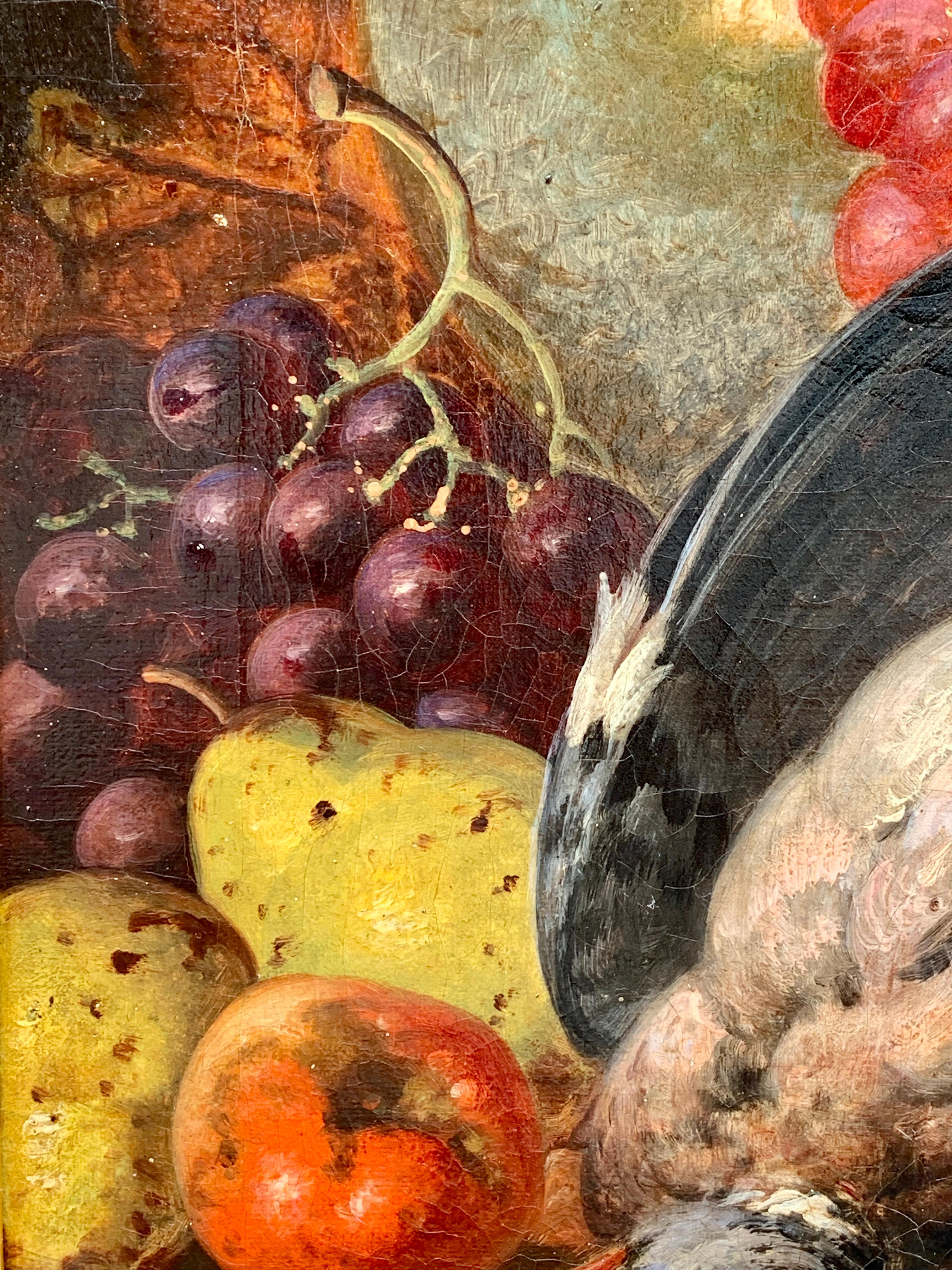 Huile anglaise du 19e siècle représentant des natures mortes de fruits, pigeons, poires, raisins et poires en vente 1