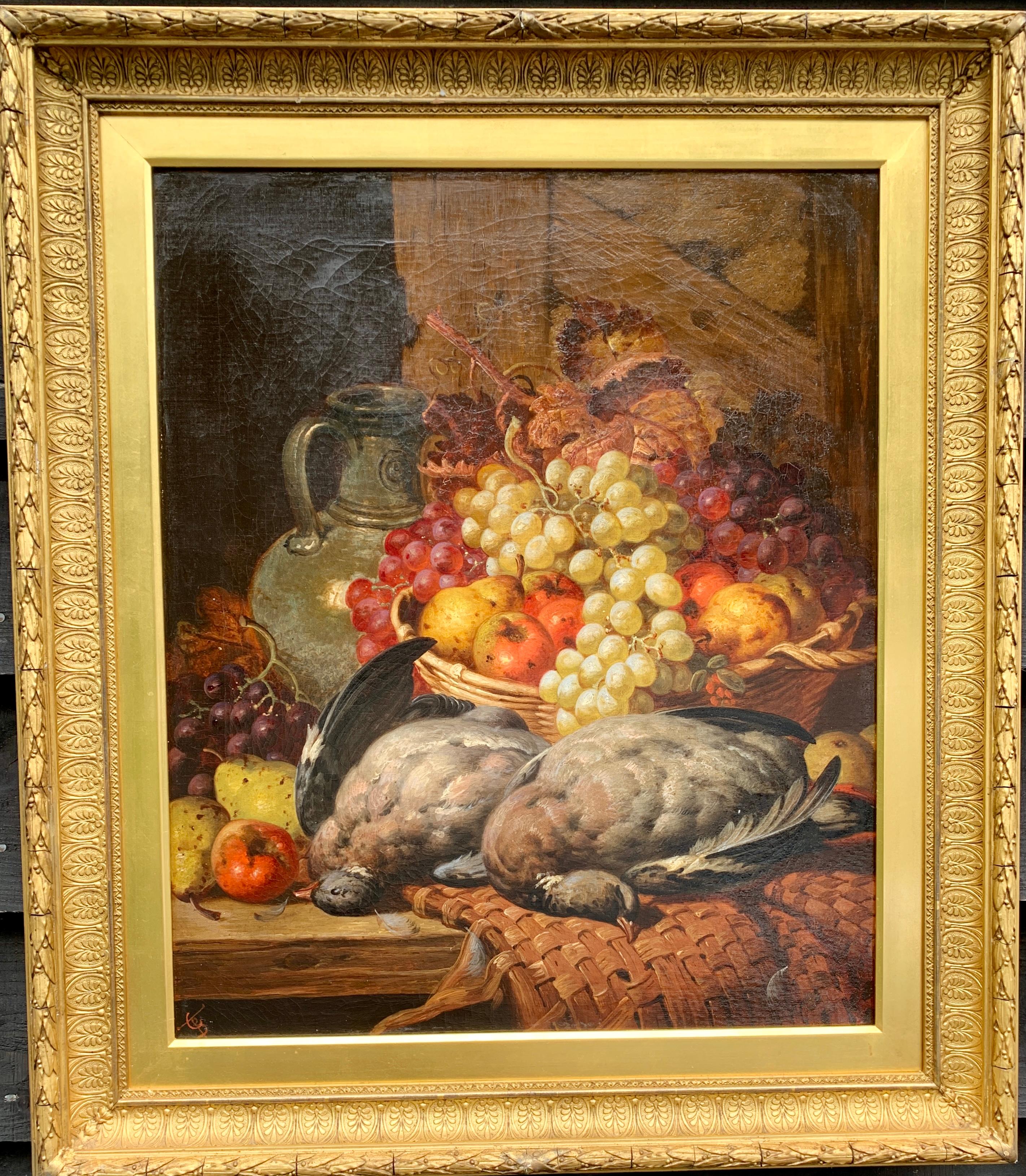 19th century English oil of still life of fruit, pigeons, apples, pears grapes