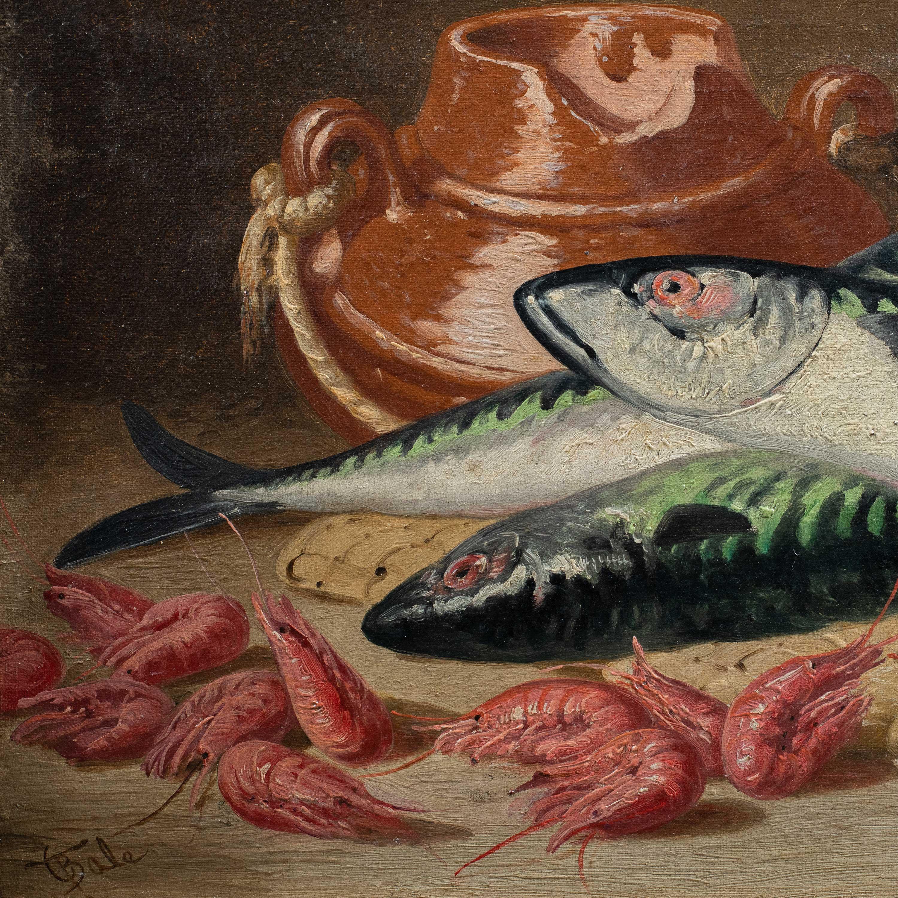 Charles Bale (Británico) - Pintura de bodegones del siglo XIX - Pescado y gambas - Painting de CHARLES THOMAS BALE