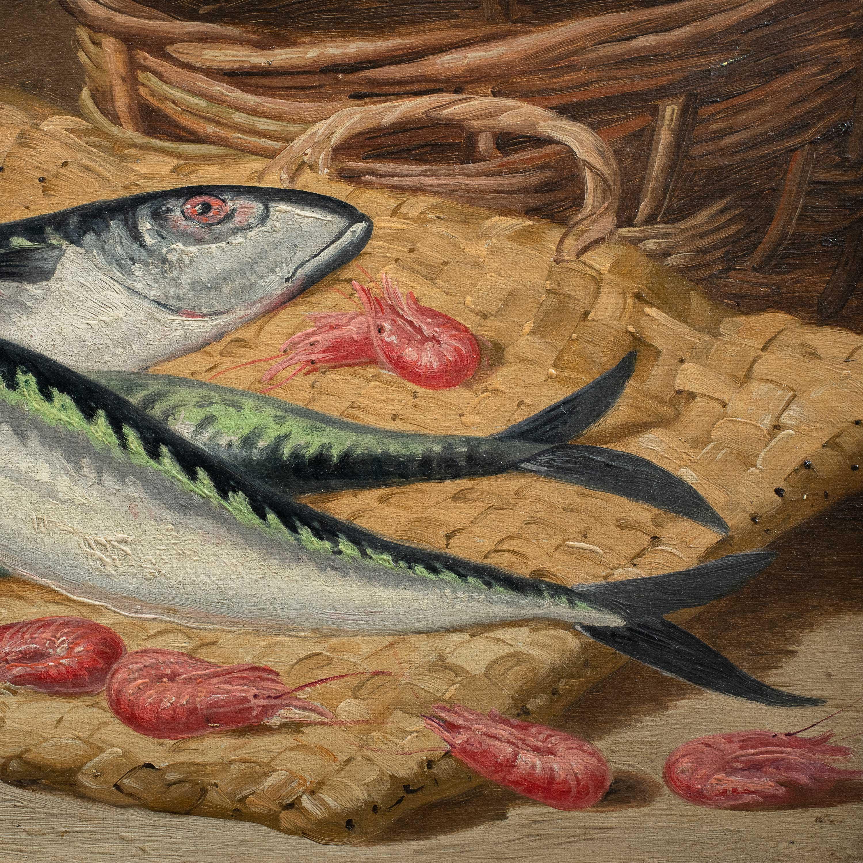 Charles Bale (Británico) - Pintura de bodegones del siglo XIX - Pescado y gambas - Painting Naturalista de CHARLES THOMAS BALE