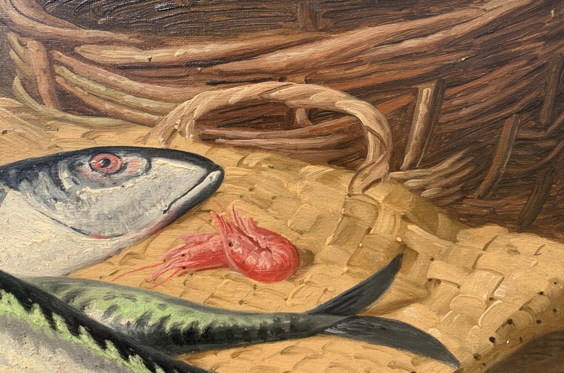 Charles Bale (Británico) - Pintura de bodegones del siglo XIX - Pescado y gambas en venta 5