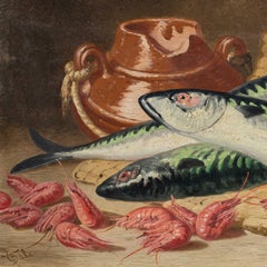 Charles Bale (britannique) - Peinture de nature morte du XIXe siècle - Poissons et crevettes