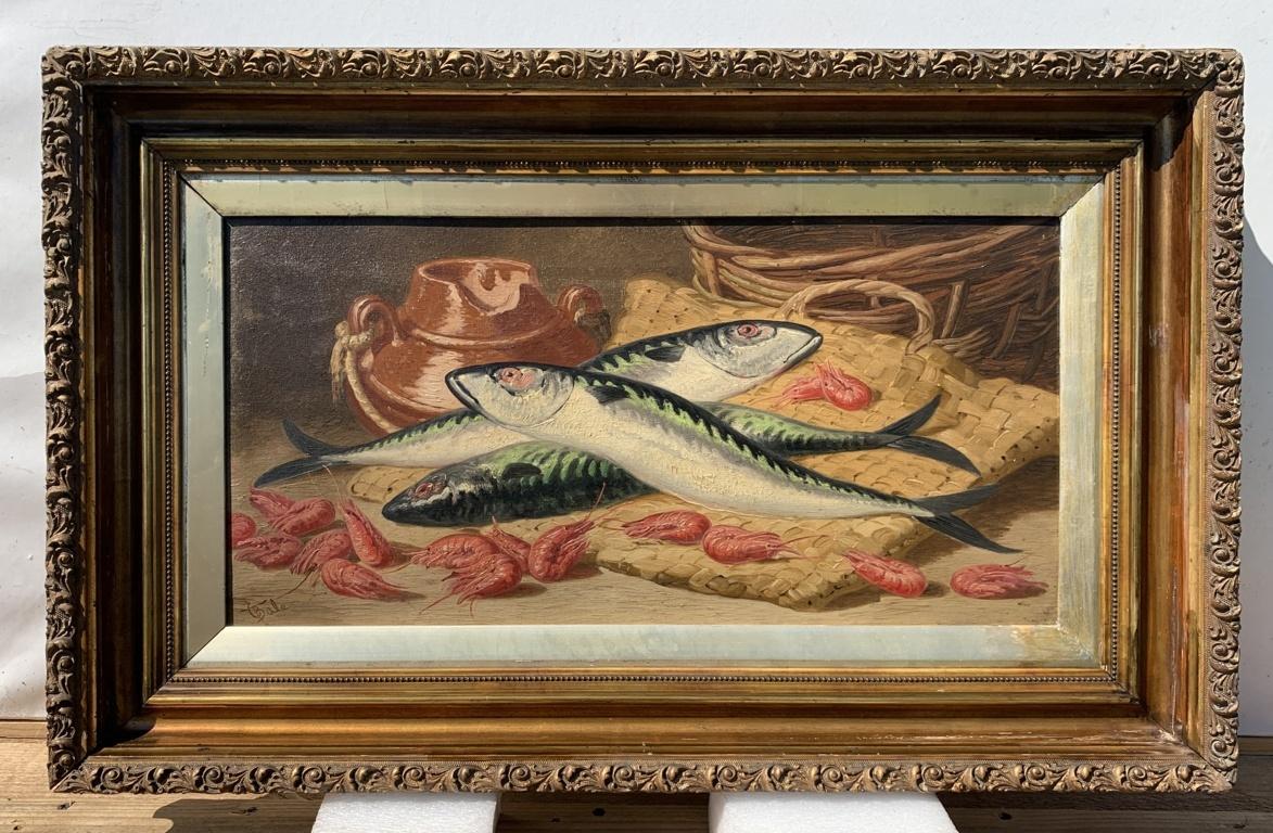 Charles Bale (Británico) - Pintura de bodegones del siglo XIX - Pescado y gambas - Still-Life Painting Marrón de CHARLES THOMAS BALE
