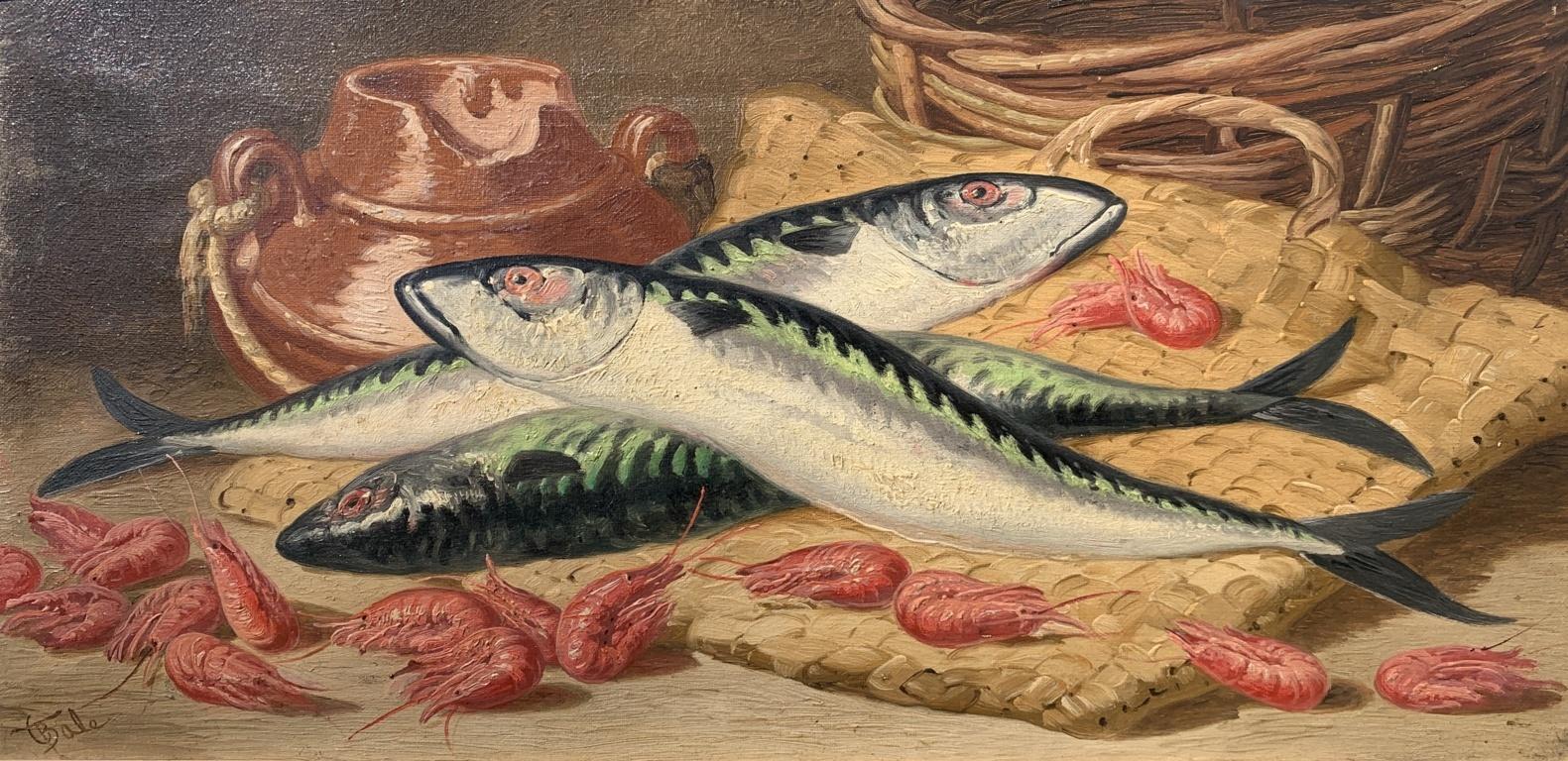 Charles Thomas Bale (Británico, 1845 - 1925) - Bodegón de pescado y gambas.

30,5 x 60,5 cm sin marco, 50 x 80 cm con marco.

Óleo antiguo sobre lienzo, en marco de madera.

- Obra firmada abajo a la izquierda: 