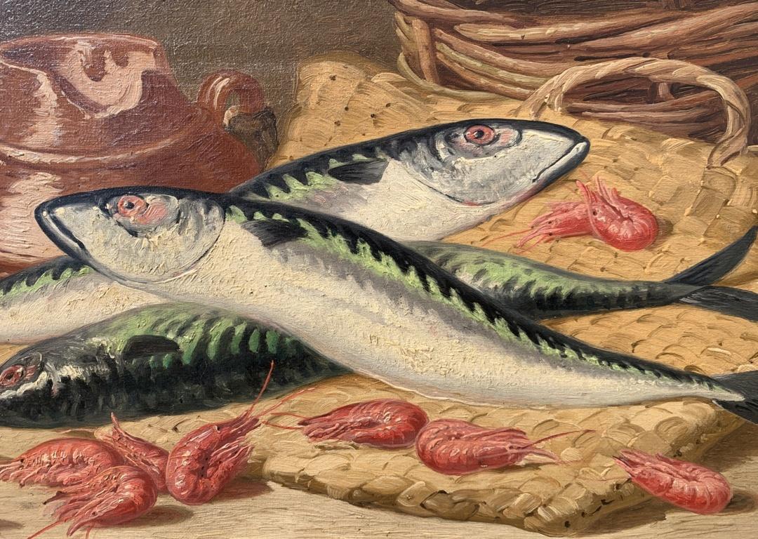 Charles Bale (Británico) - Pintura de bodegones del siglo XIX - Pescado y gambas en venta 1