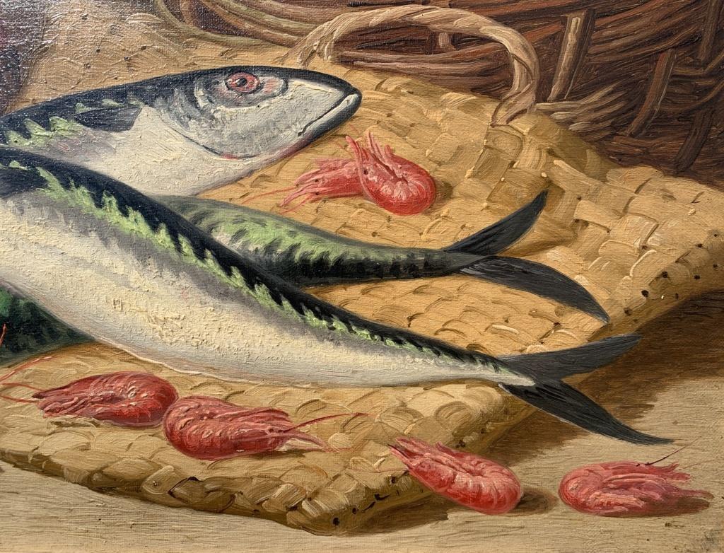 Charles Bale (Británico) - Pintura de bodegones del siglo XIX - Pescado y gambas en venta 2