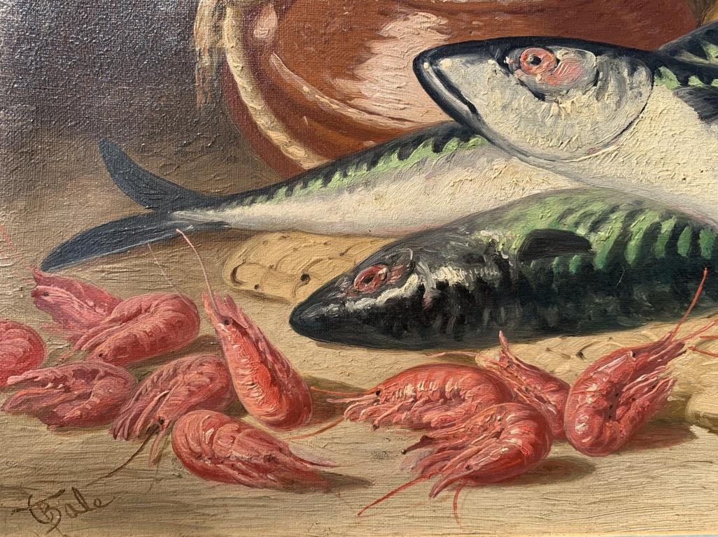 Charles Bale (Británico) - Pintura de bodegones del siglo XIX - Pescado y gambas en venta 3
