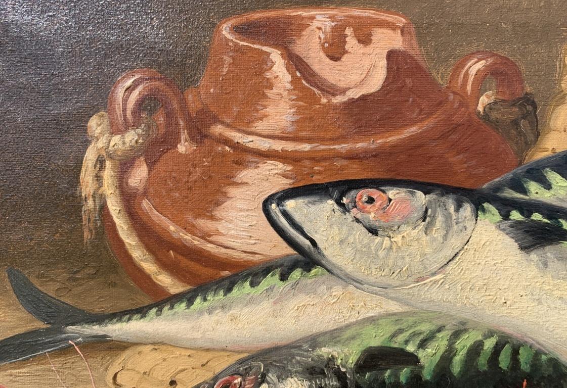 Charles Bale (Británico) - Pintura de bodegones del siglo XIX - Pescado y gambas en venta 4