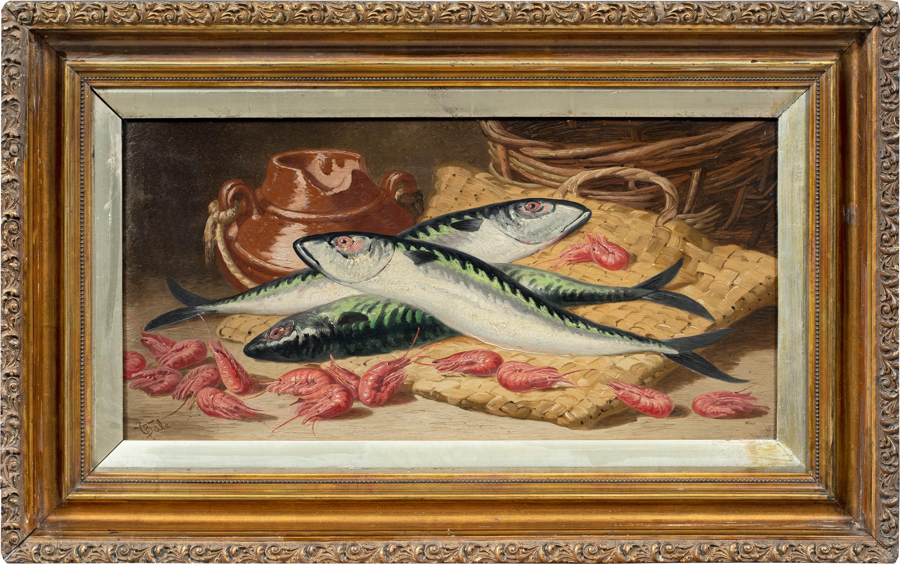 Charles Bale (britannique) - Peinture de nature morte du XIXe siècle - Poissons et crevettes